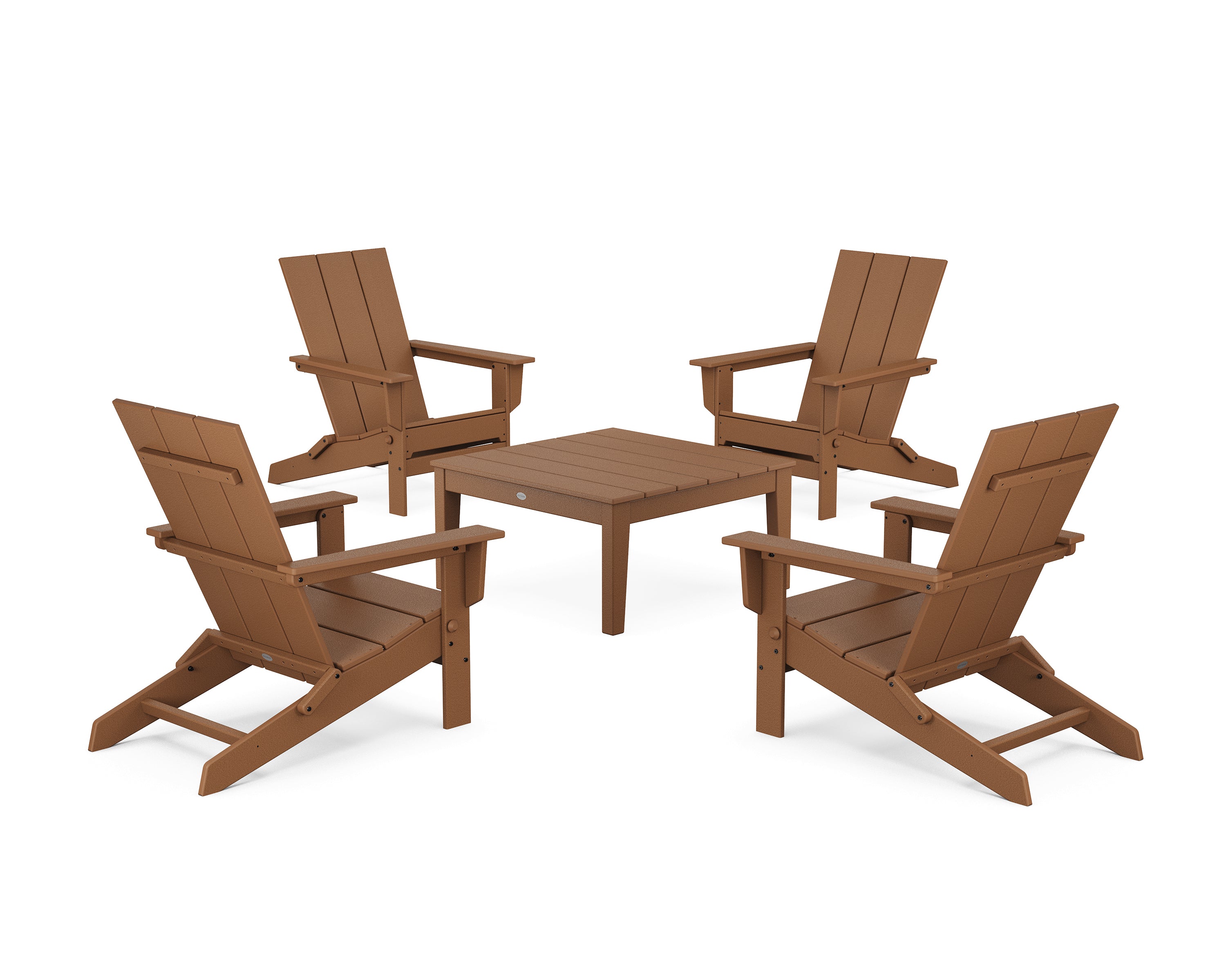 POLYWOOD 5-Piece Modern Studio Folding Adirondack Chair Conversation Group in Teak