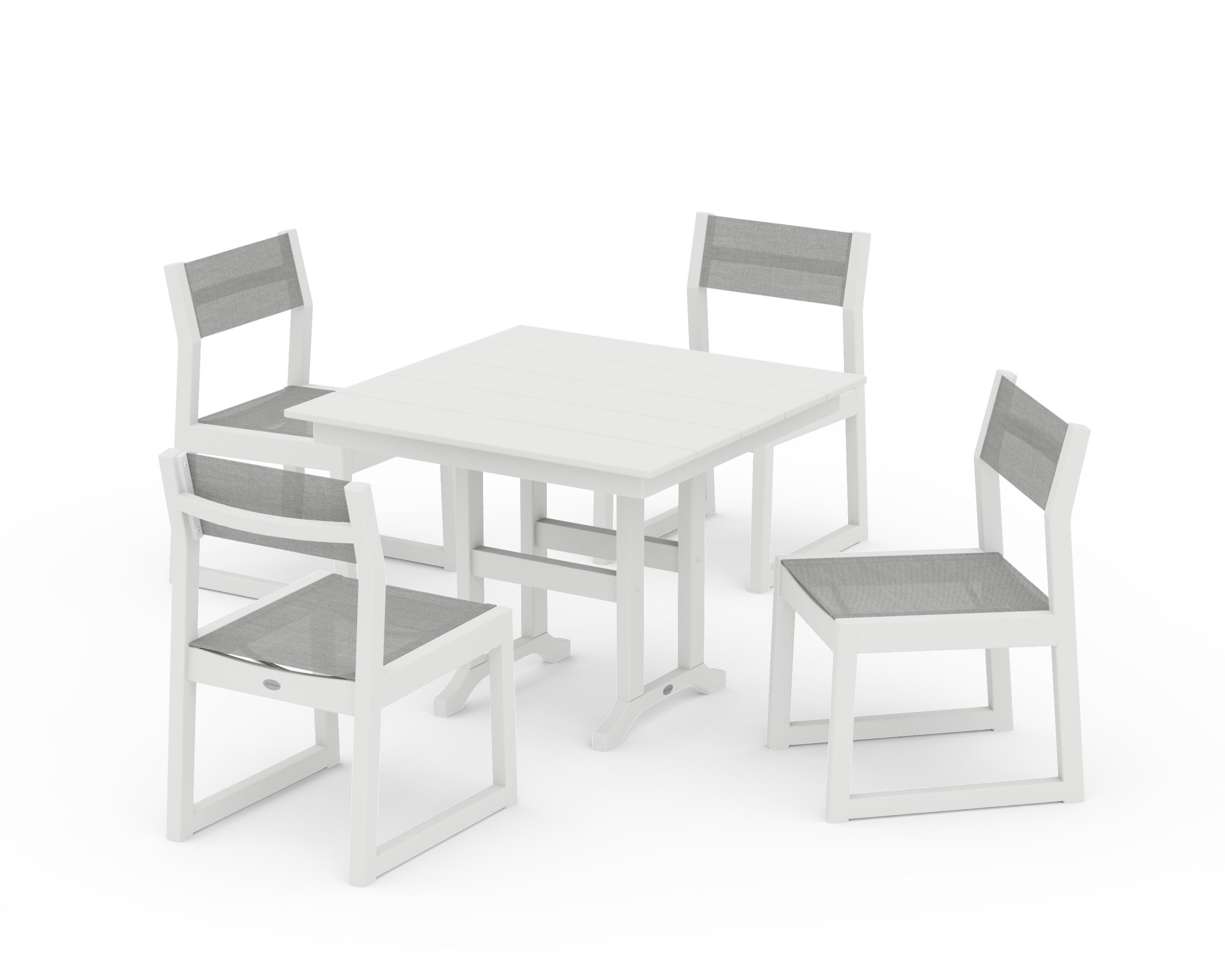 POLYWOOD EDGE Sling Side Chair 5-Piece Farmhouse Dining Set in Vintage White / Metallic Sling