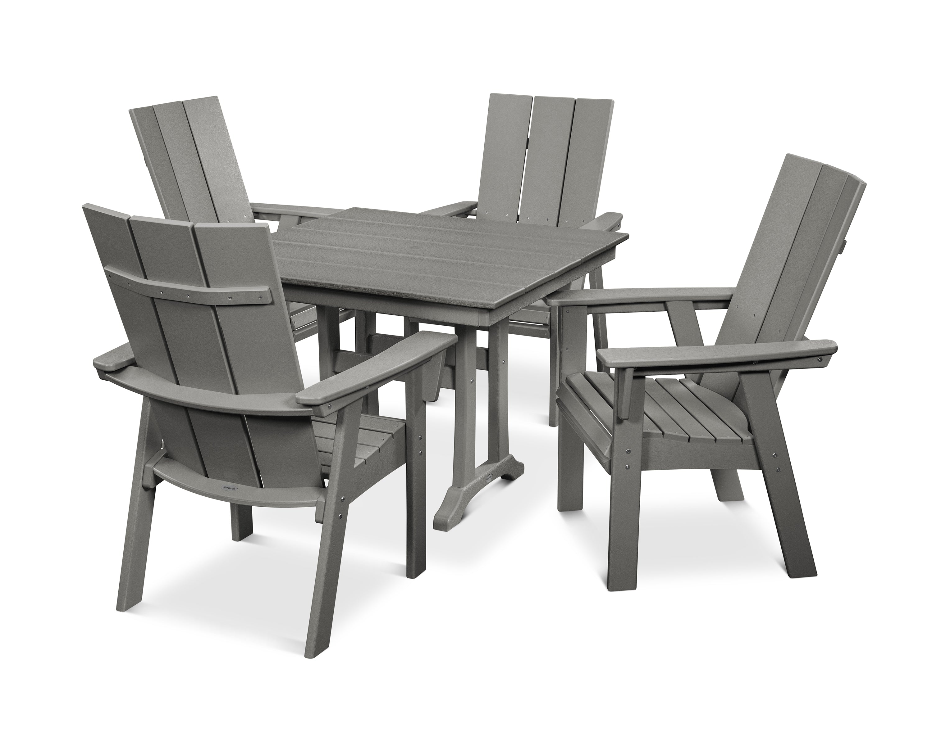 POLYWOOD® Modern Curveback Adirondack 5-Piece Farmhouse Trestle Dining Set in Slate Grey