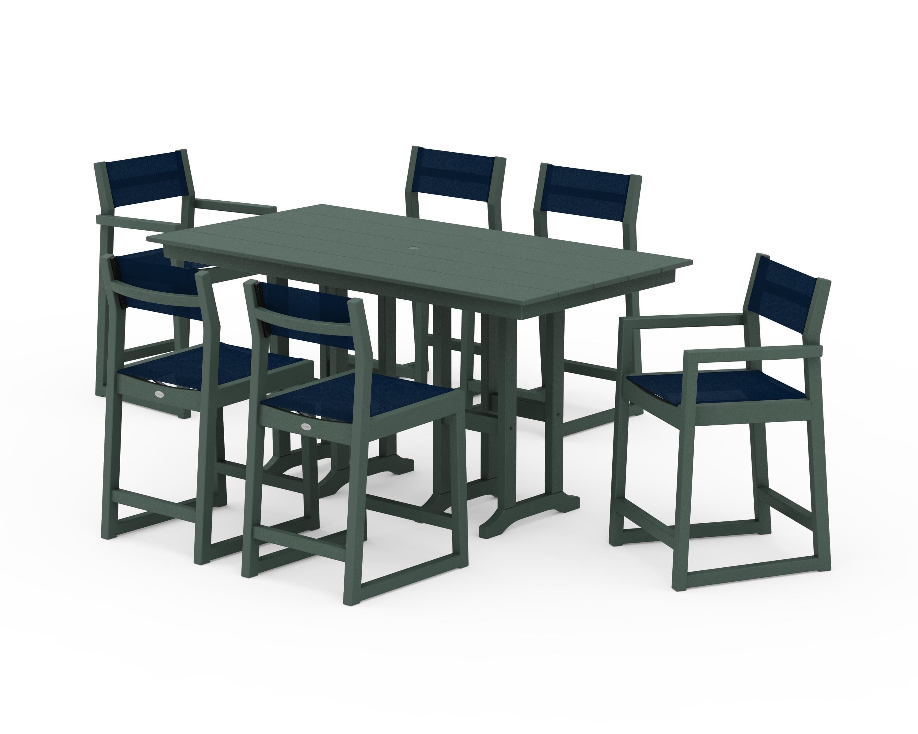 POLYWOOD EDGE Sling 7-Piece Farmhouse Counter Set with Trestle Legs in Green / Navy Blue Sling
