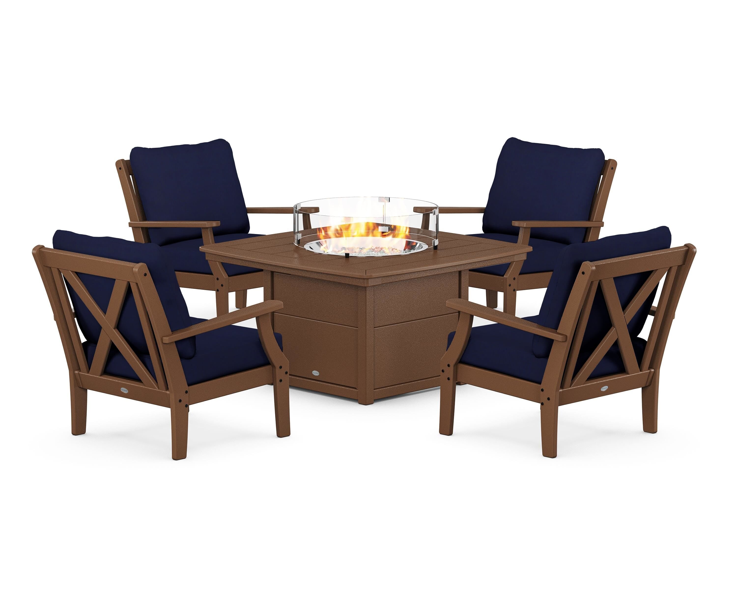 POLYWOOD Braxton 5-Piece Deep Seating Conversation Set with Fire Pit Table in Teak / Navy