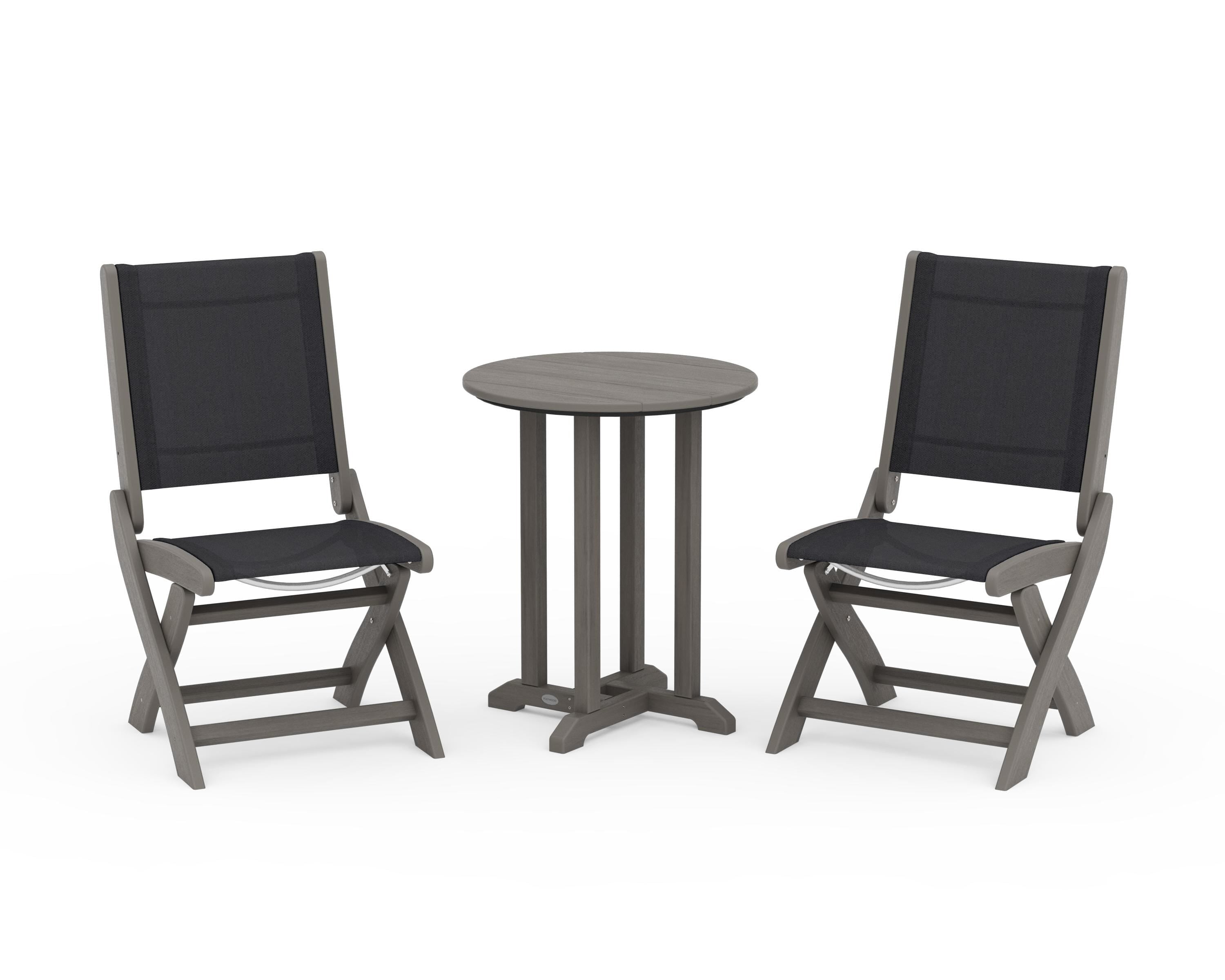 POLYWOOD Coastal Folding Side Chair 3-Piece Round Bistro Dining Set in Driftwood / Black Sling