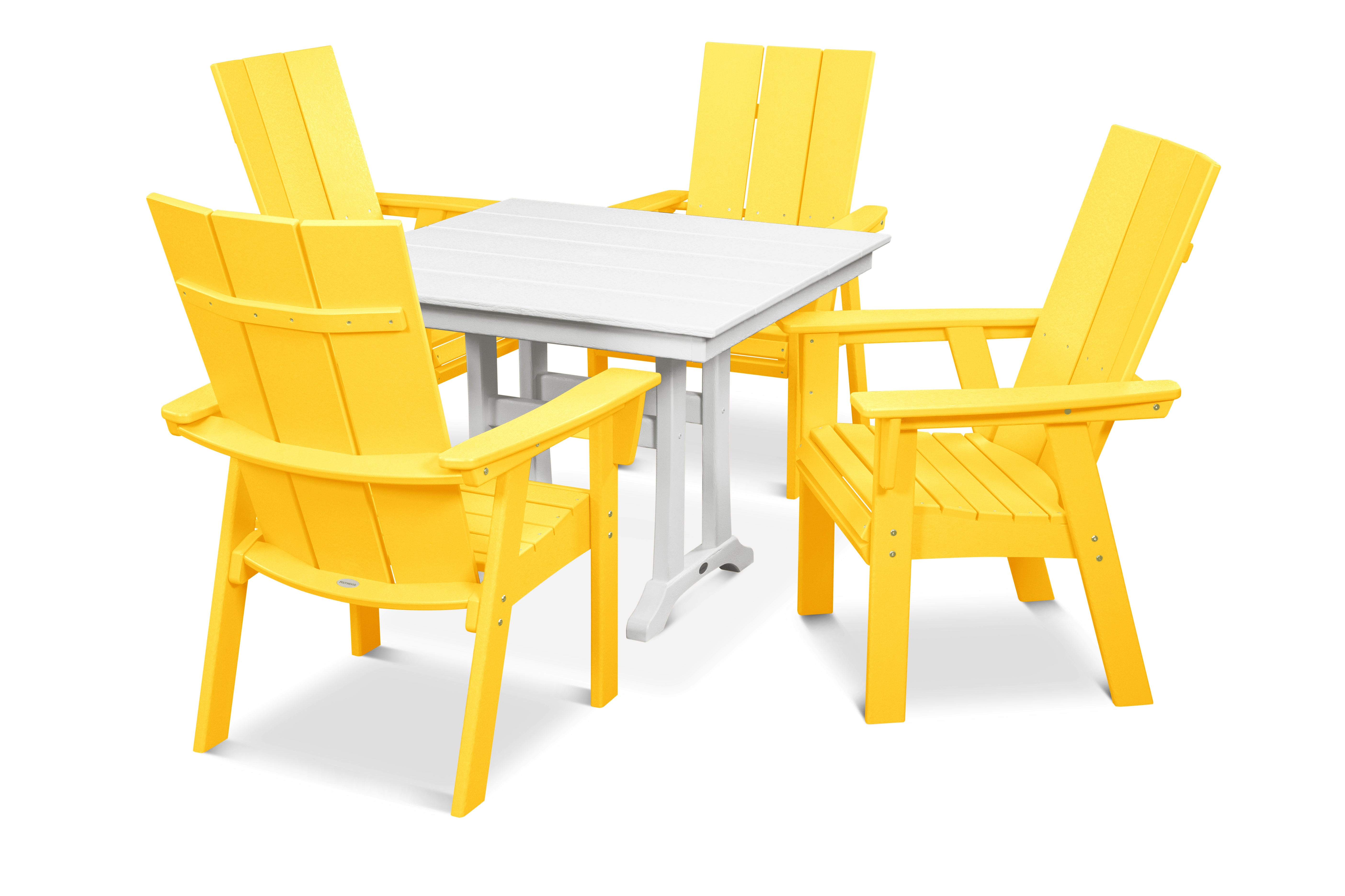 POLYWOOD® Modern Curveback Adirondack 5-Piece Farmhouse Trestle Dining Set in Lemon / White
