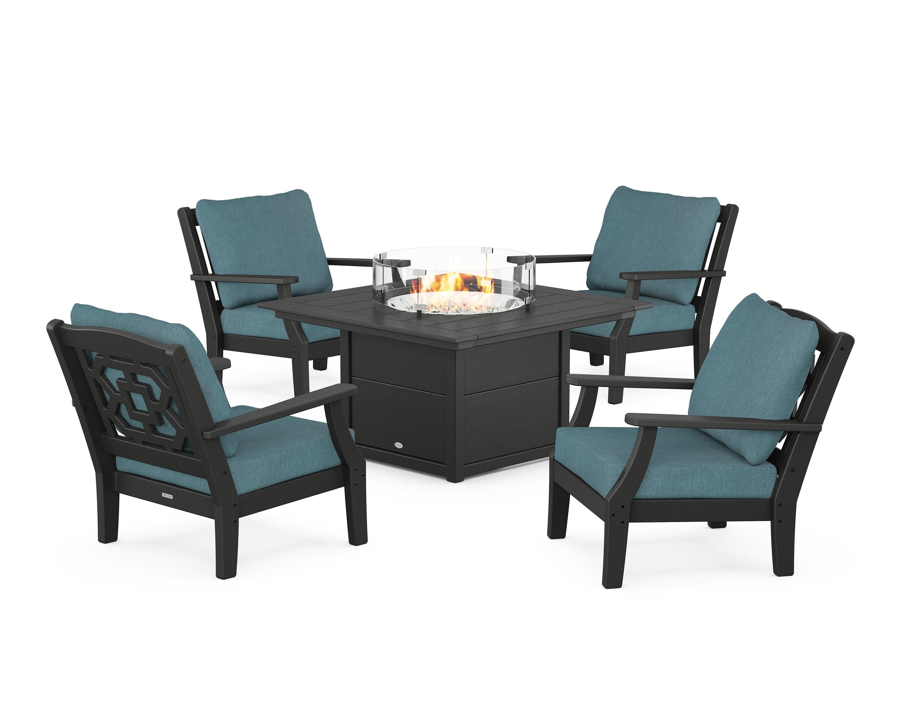 Martha Stewart by POLYWOOD Chinoiserie 5-Piece Deep Seating Set with Fire Pit Table in Black / Ocean Teal