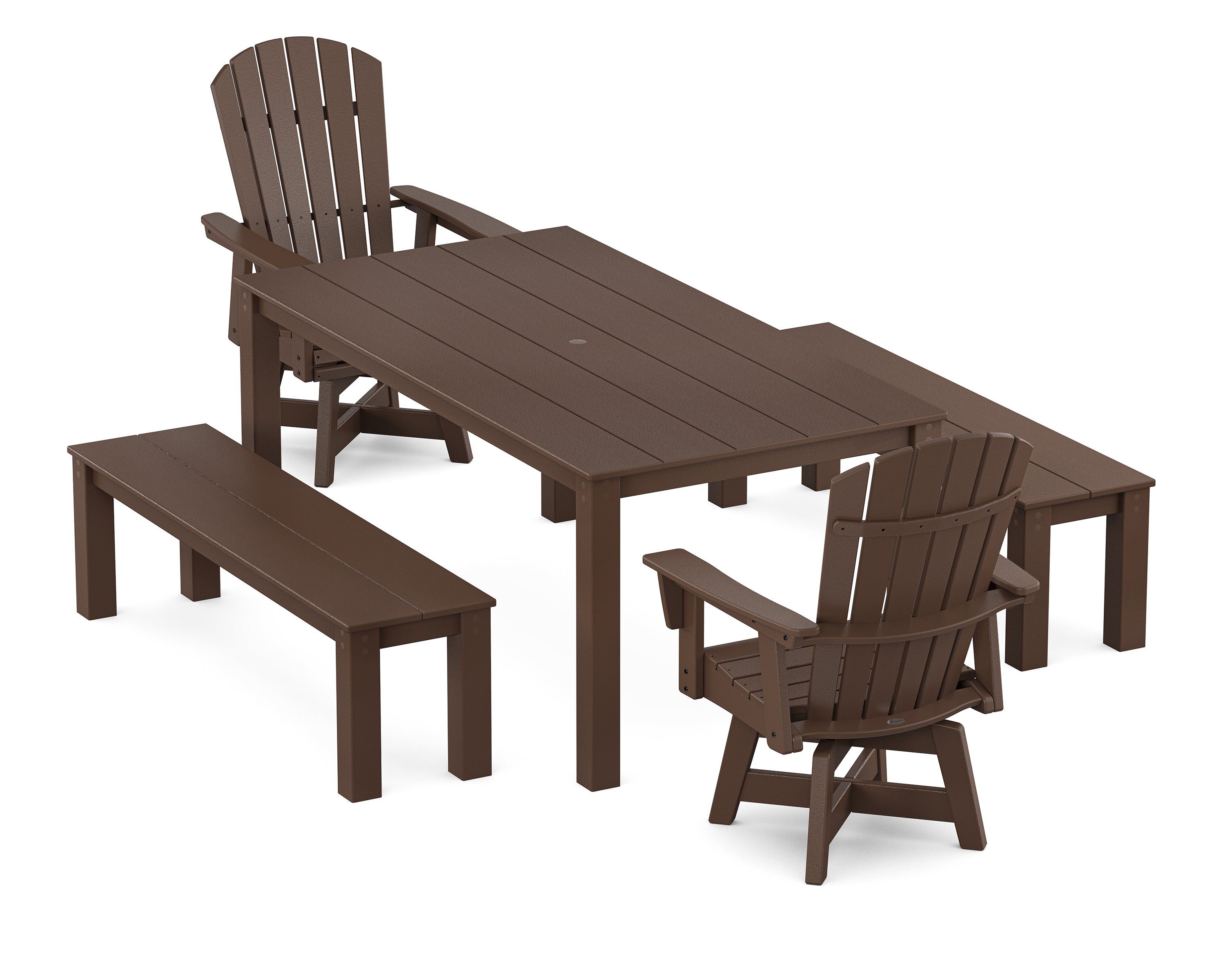 POLYWOOD Nautical Curveback Adirondack Swivel 5-Piece Parsons Dining Set with Benches in Mahogany