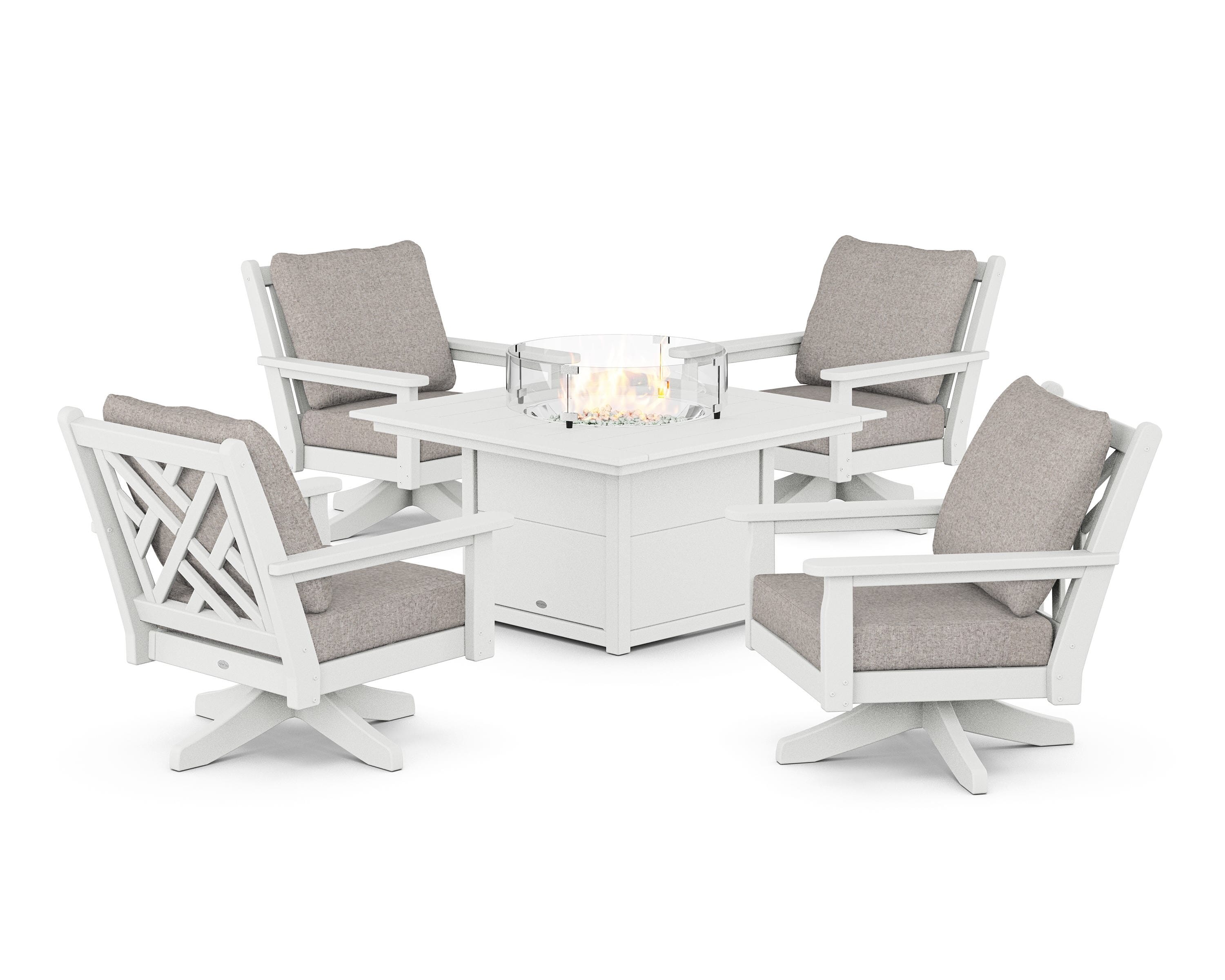 POLYWOOD Chippendale 5-Piece Deep Seating Swivel Conversation Set with Fire Pit Table in White / Weathered Tweed
