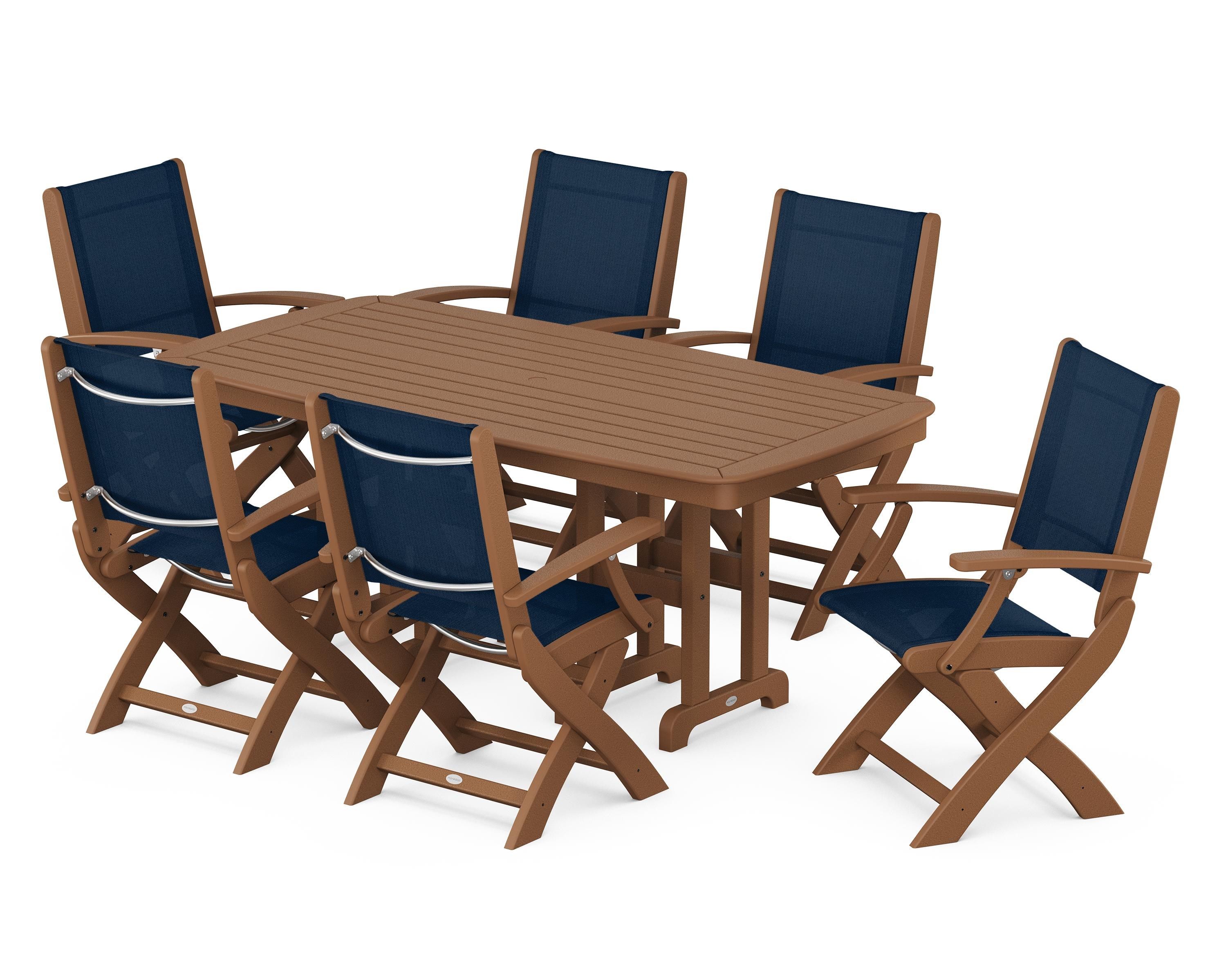 POLYWOOD Coastal Folding Arm Chair 7-Piece Dining Set in Teak / Navy Blue Sling