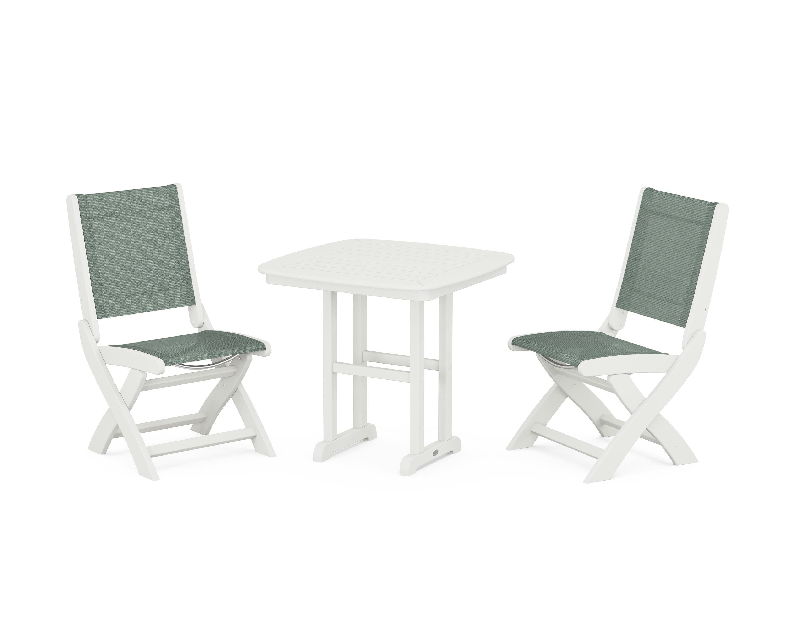POLYWOOD Coastal Folding Side Chair 3-Piece Dining Set in Vintage White / Dupioni Sea Mist Sling