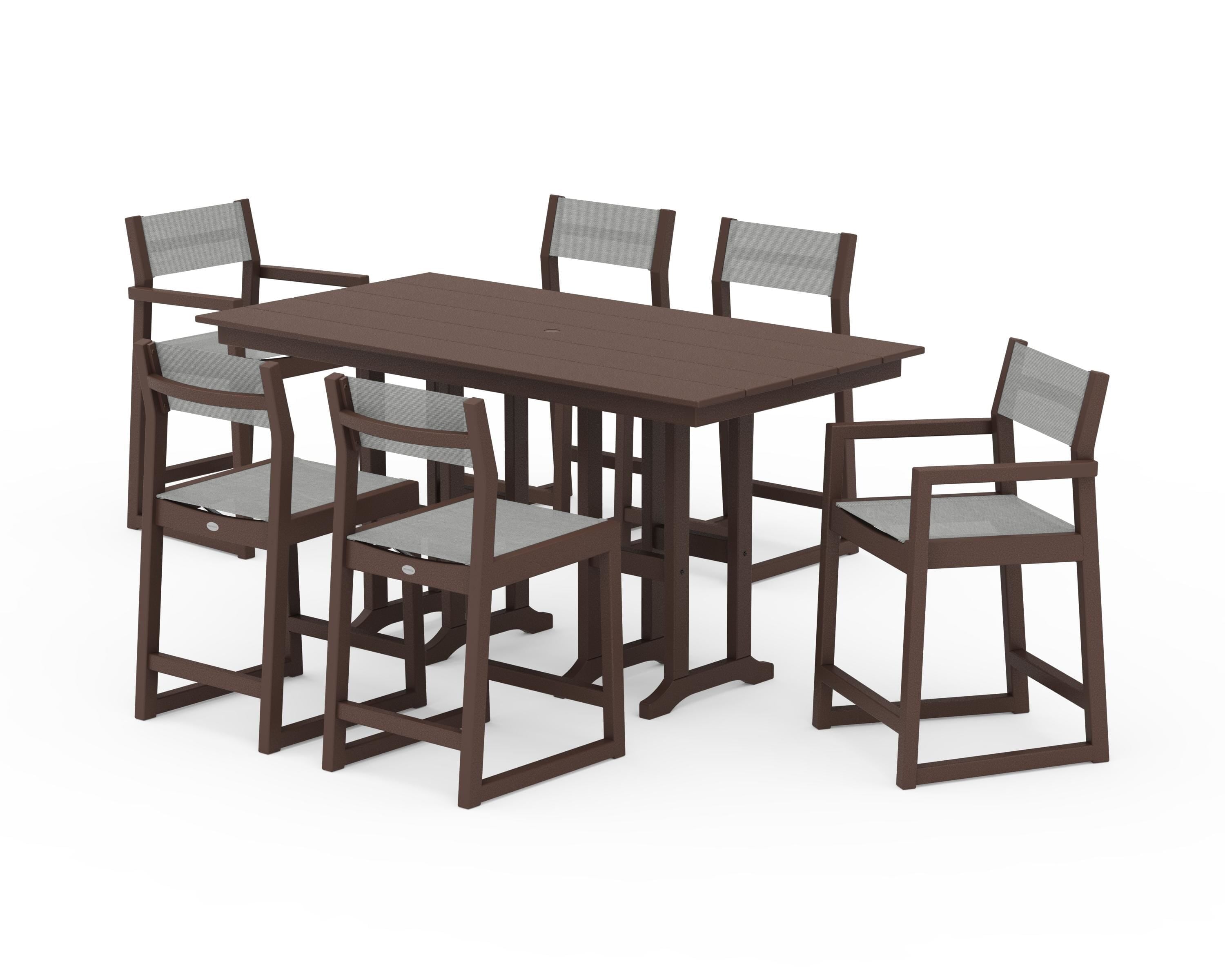 POLYWOOD EDGE Sling 7-Piece Farmhouse Counter Set in Mahogany / Metallic Sling