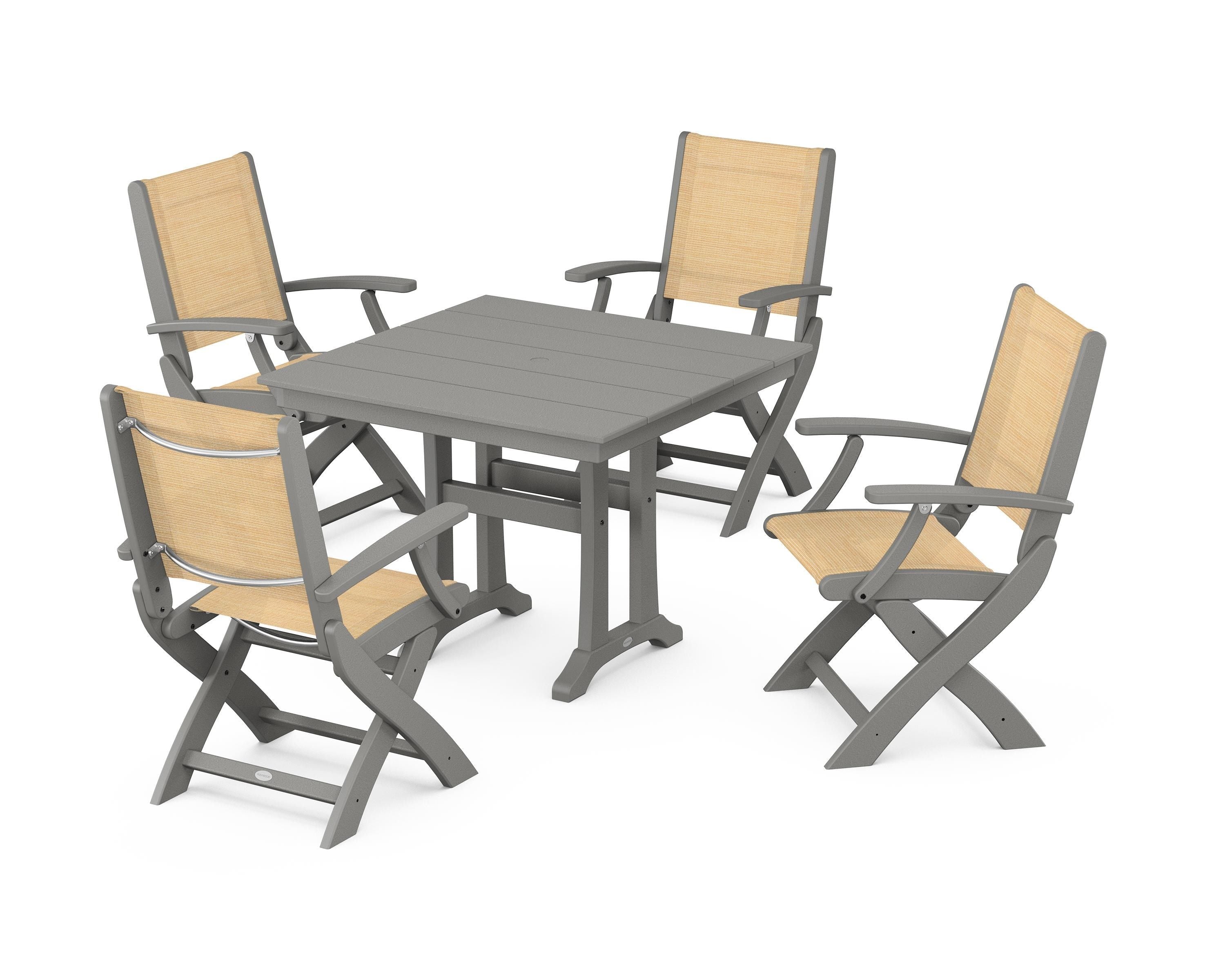 POLYWOOD Coastal Folding Chair 5-Piece Farmhouse Dining Set With Trestle Legs in Slate Grey / Dupioni Apricot Sling