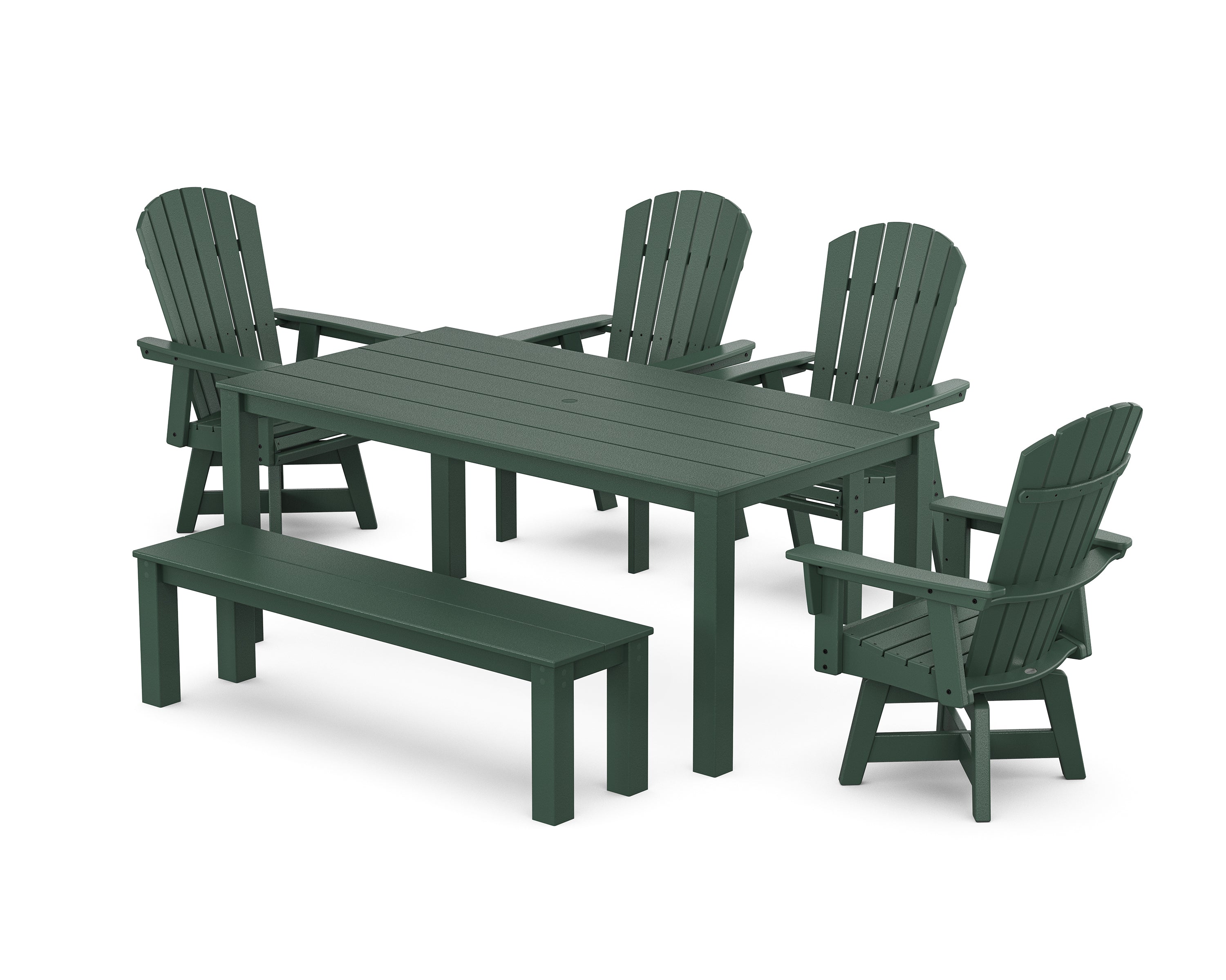 POLYWOOD Nautical Curveback Adirondack Swivel 6-Piece Parsons Dining Set with Bench in Green