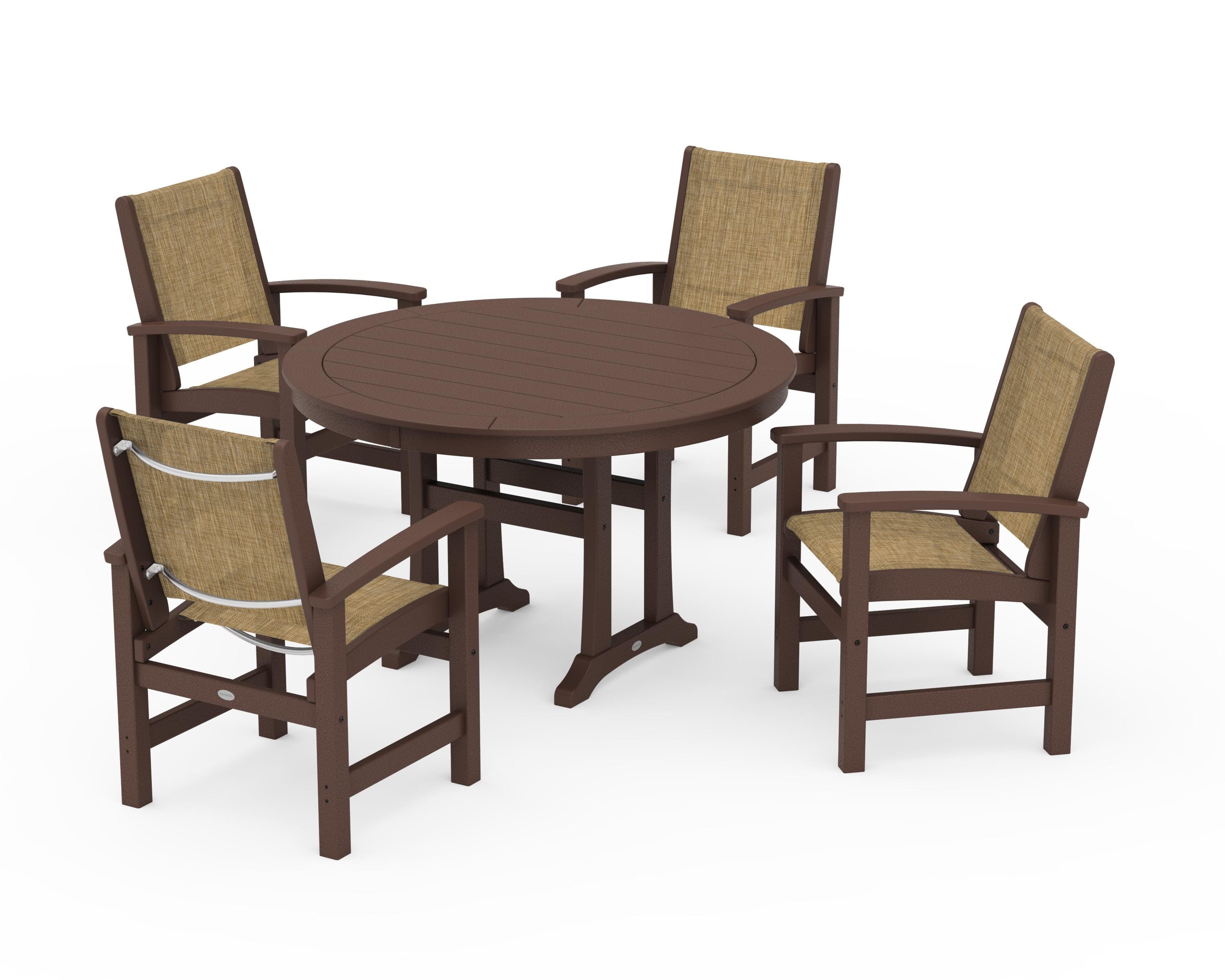 POLYWOOD Coastal 5-Piece Round Dining Set with Trestle Legs in Mahogany / Burlap Sling
