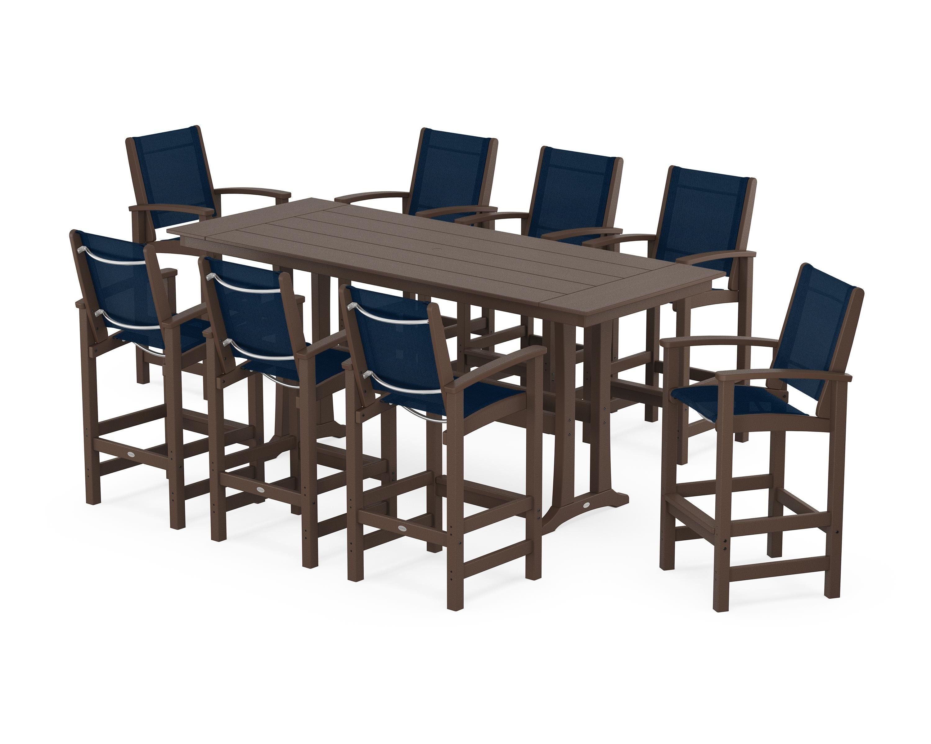 POLYWOOD Coastal 9-Piece Farmhouse Bar Set with Trestle Legs in Mahogany / Navy Blue Sling