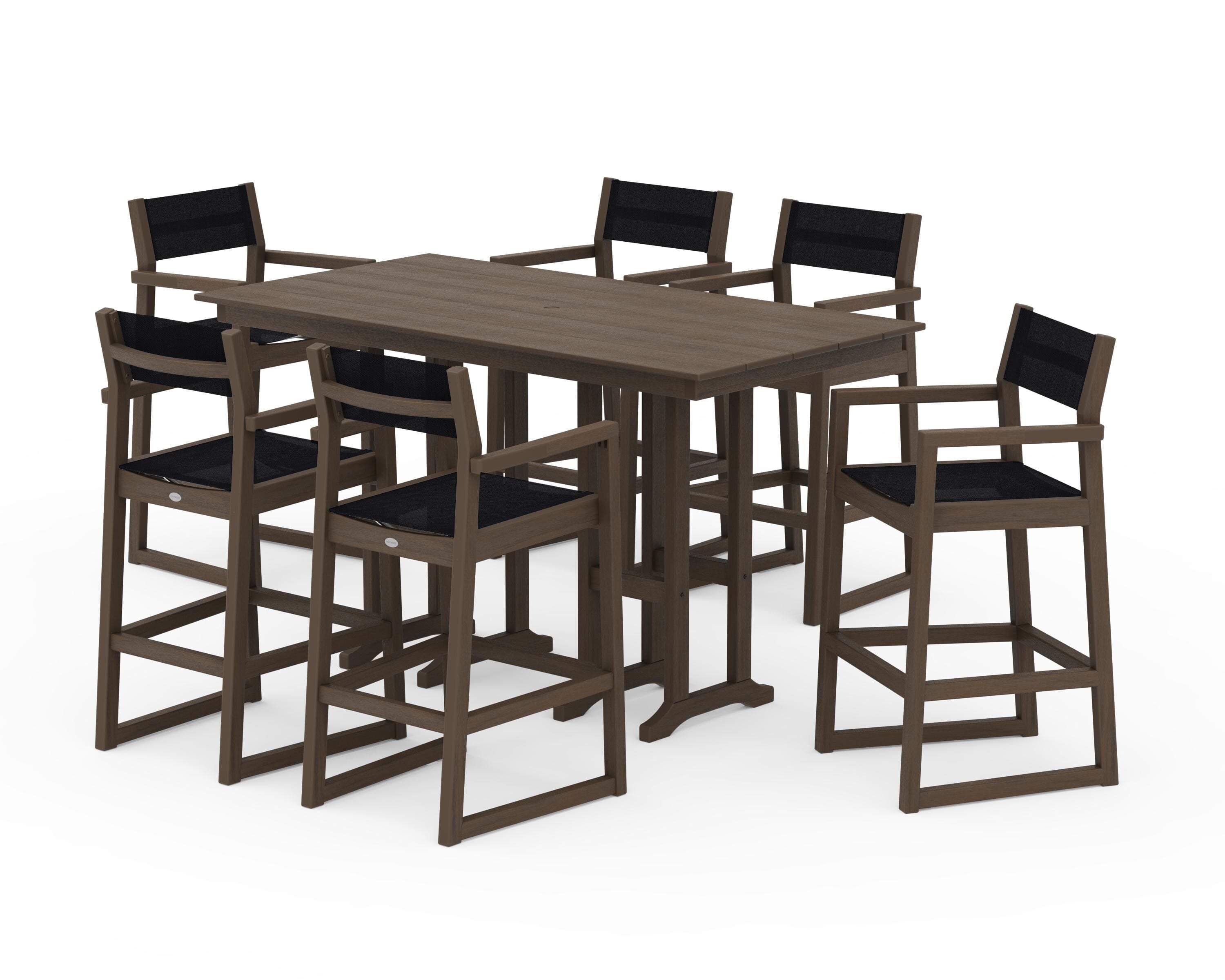 POLYWOOD EDGE Sling Arm Chair 7-Piece Farmhouse Bar Set in Kona / Black Sling