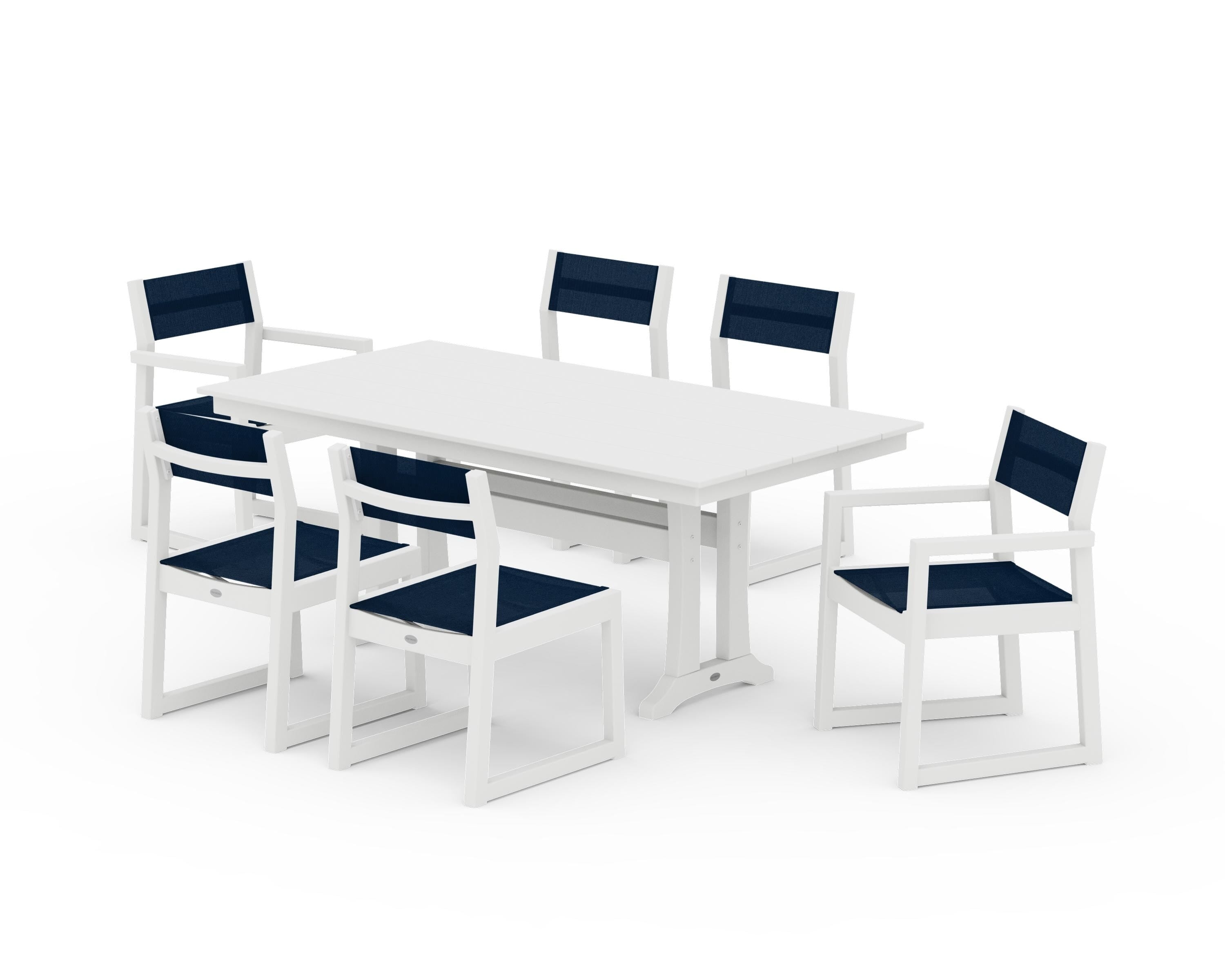 POLYWOOD EDGE Sling 7-Piece Farmhouse Trestle Dining Set in White / Navy Blue Sling