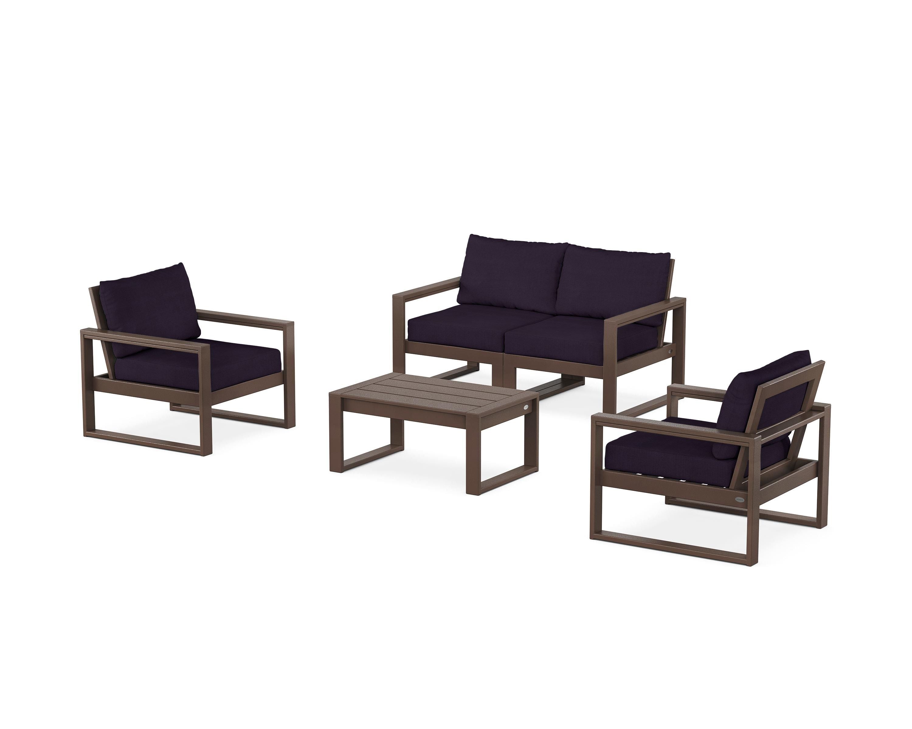 POLYWOOD EDGE Sectional 4-Piece Deep Seating Set with Loveseat in Mahogany / Navy Linen