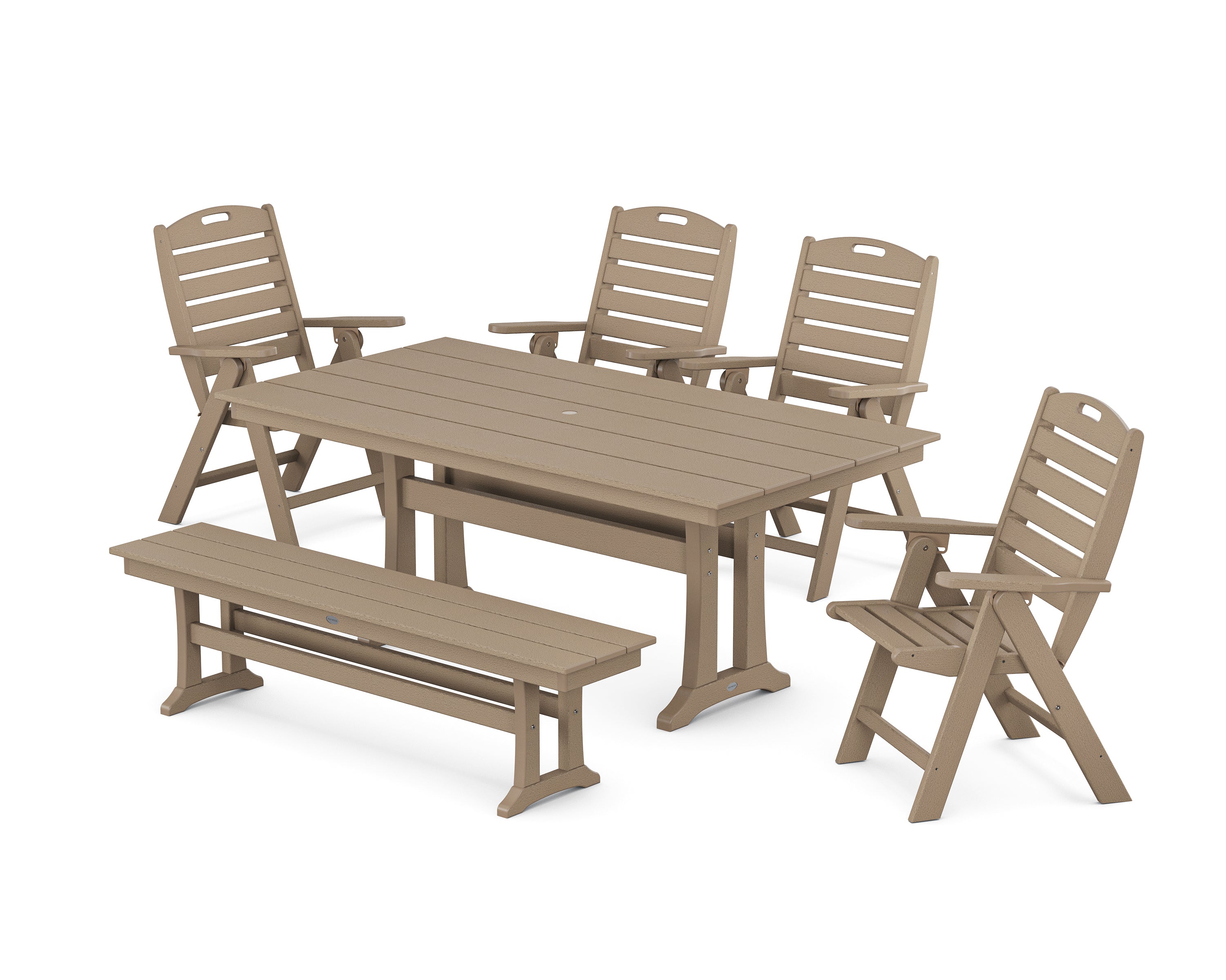 POLYWOOD Nautical Highback 6-Piece Farmhouse Dining Set with Trestle Legs and Bench in Vintage Sahara