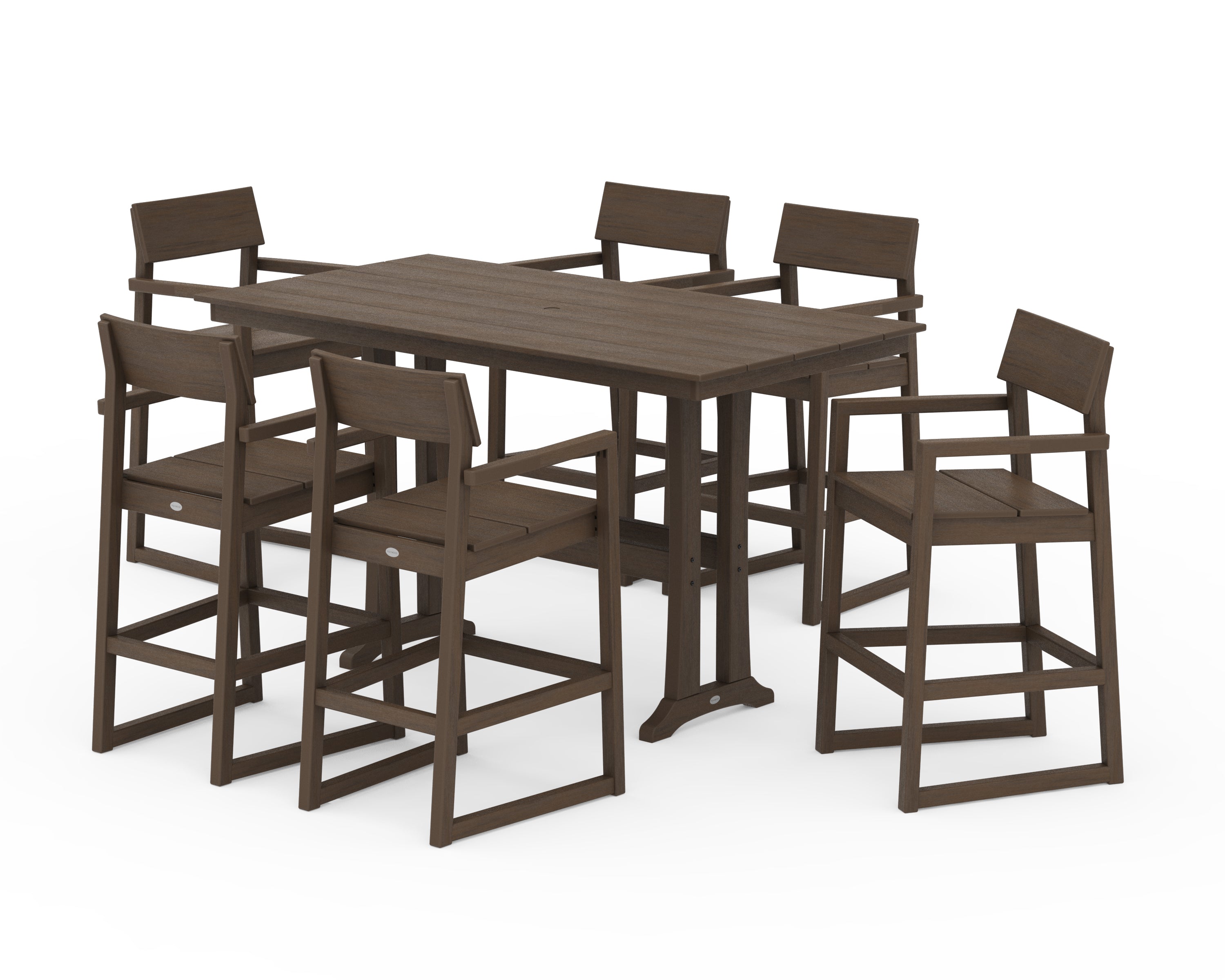 POLYWOOD EDGE Arm Chair 7-Piece Farmhouse Bar Set with Trestle Legs in Kona