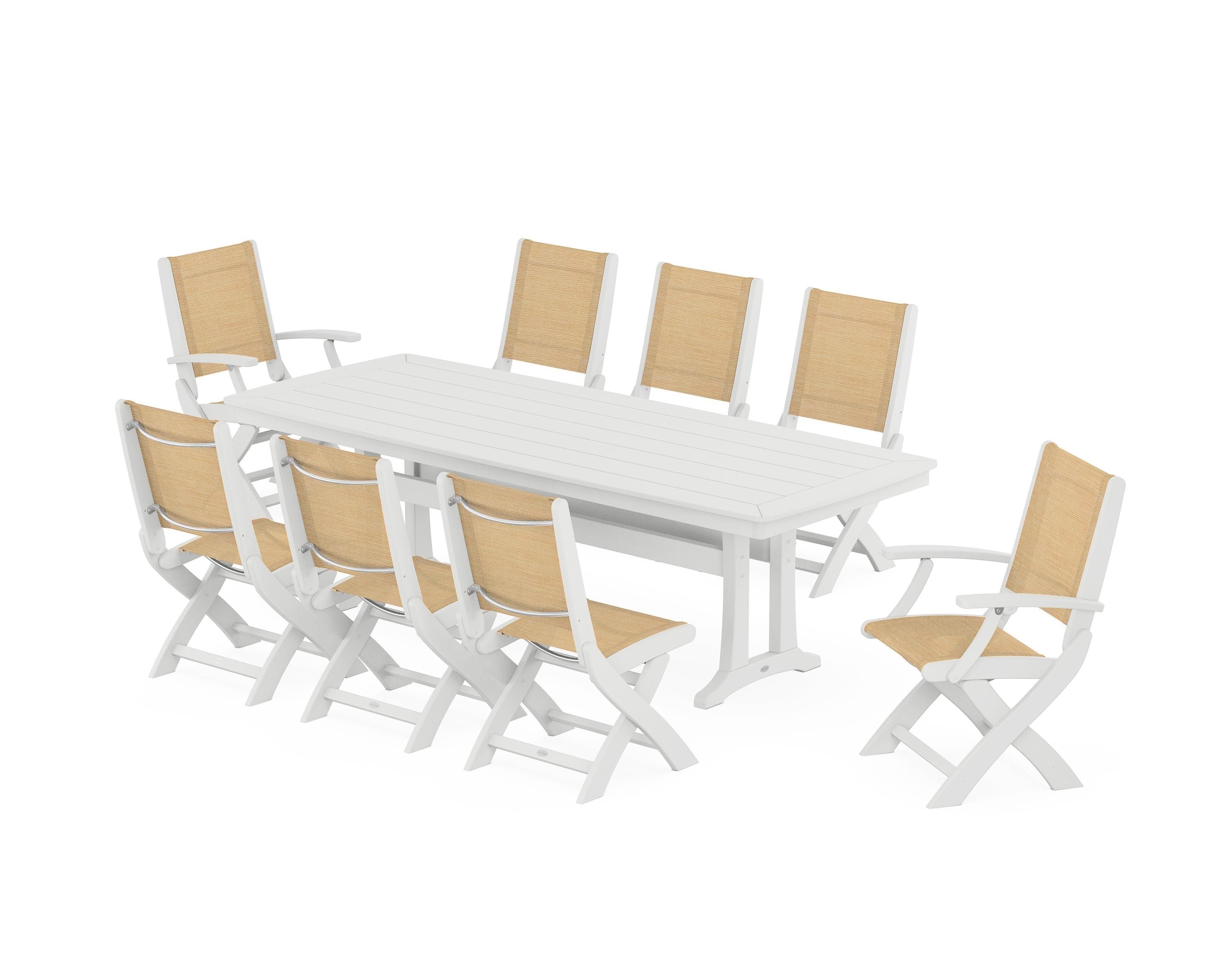 POLYWOOD Coastal Folding 9-Piece Dining Set with Trestle Legs in White / Dupioni Apricot Sling