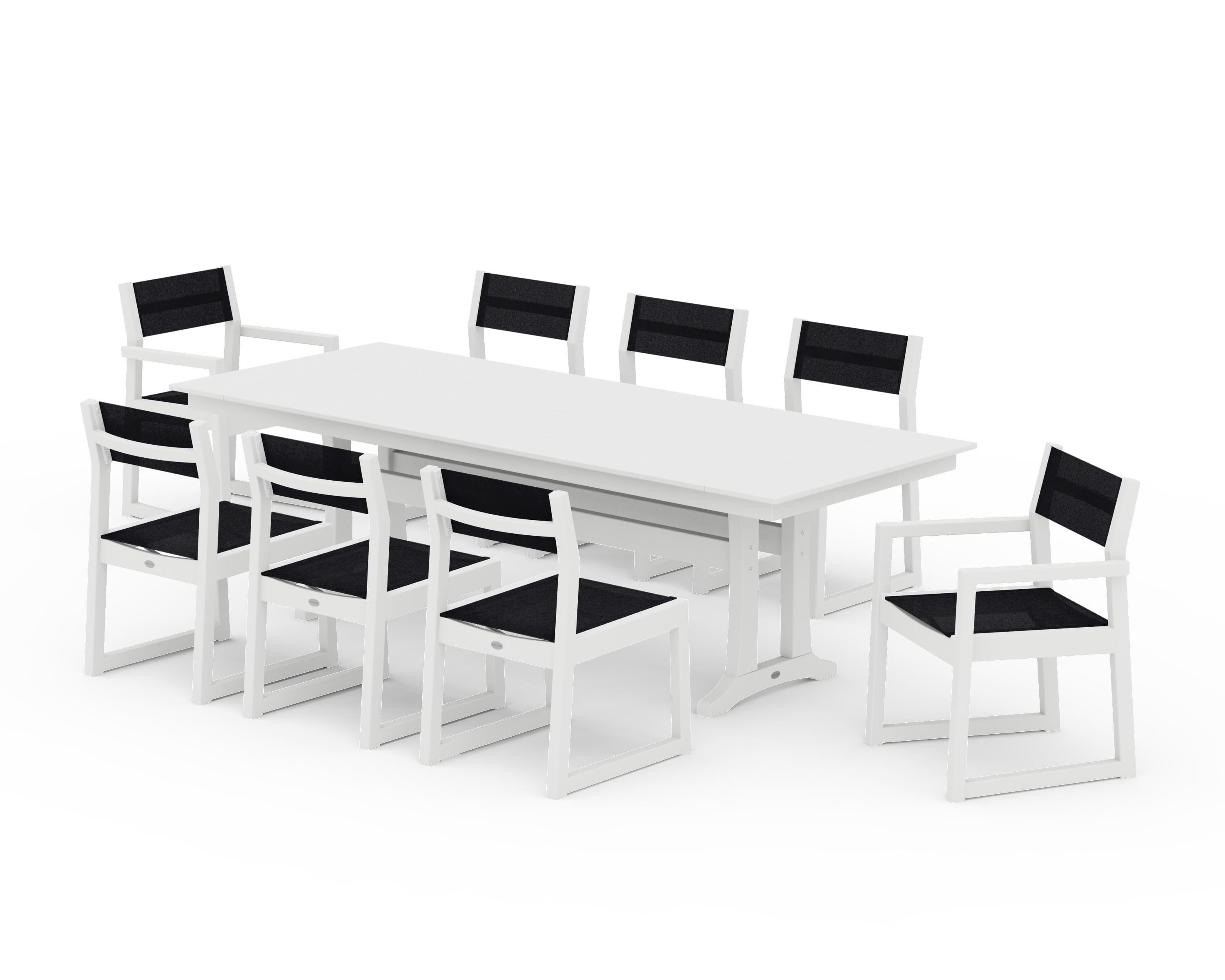 POLYWOOD EDGE Sling 9-Piece Farmhouse Trestle Dining Set in White / Black Sling
