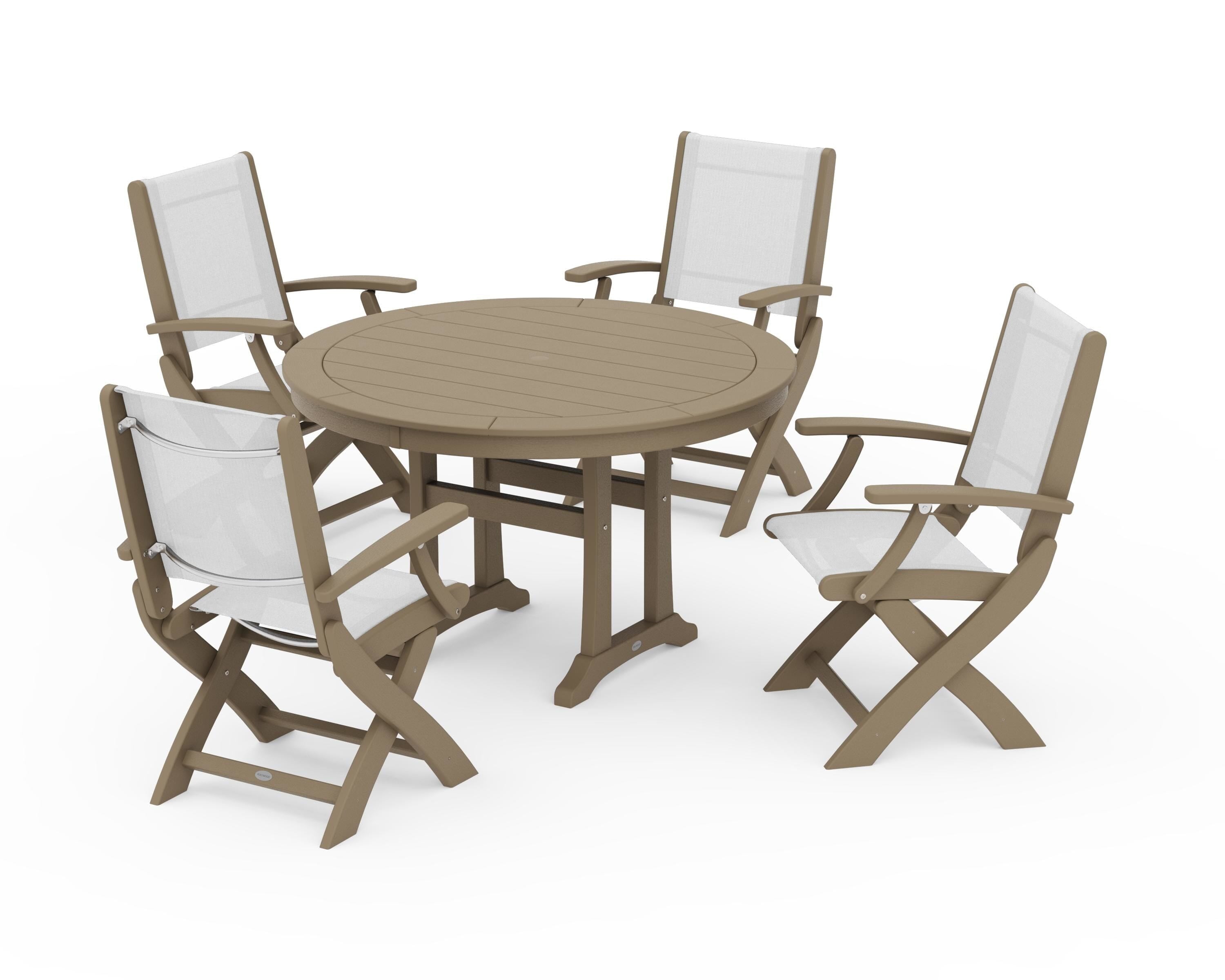 POLYWOOD Coastal Folding Chair 5-Piece Round Dining Set with Trestle Legs in Vintage Sahara / White Sling