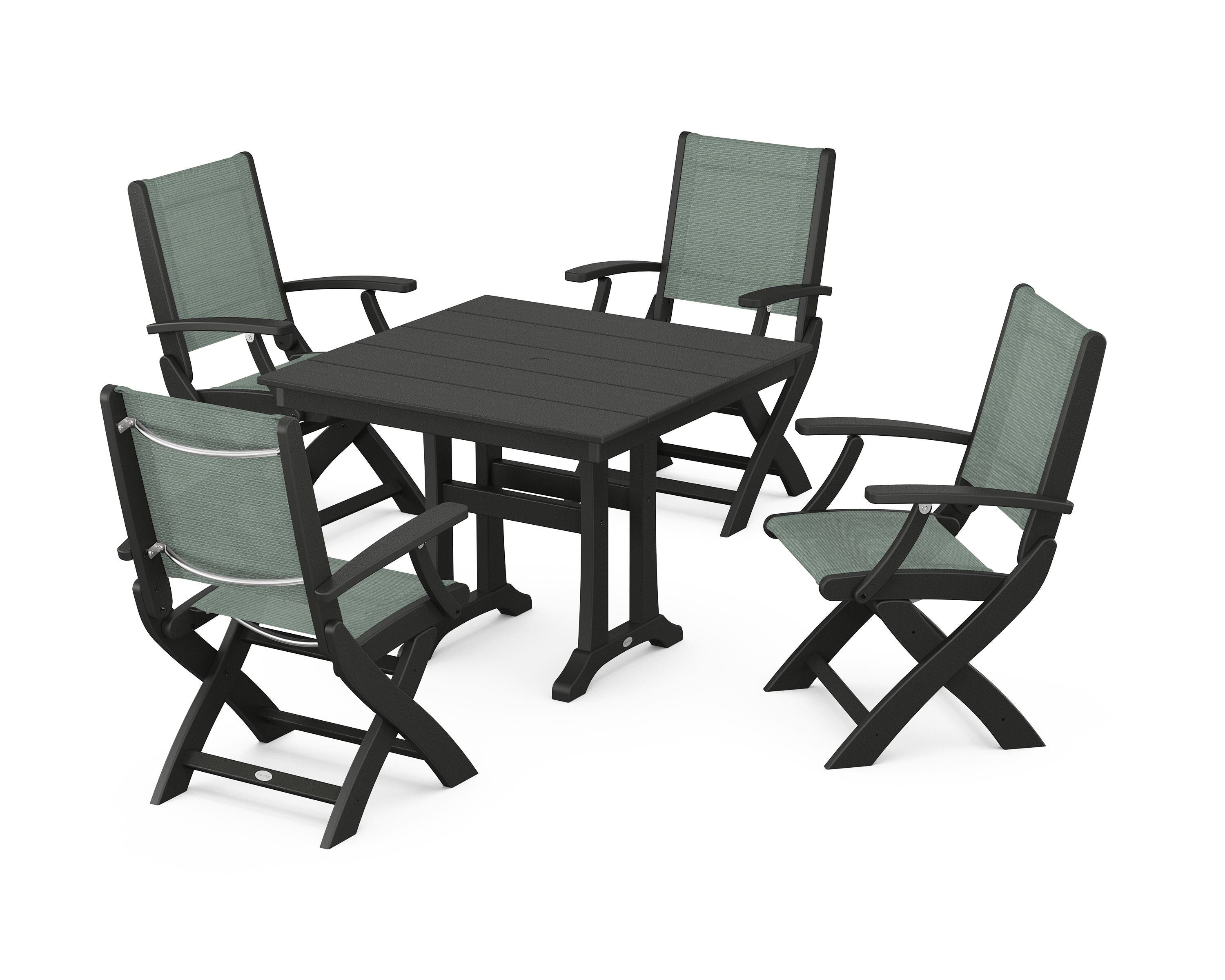 POLYWOOD Coastal Folding Chair 5-Piece Farmhouse Dining Set With Trestle Legs in Black / Dupioni Sea Mist Sling