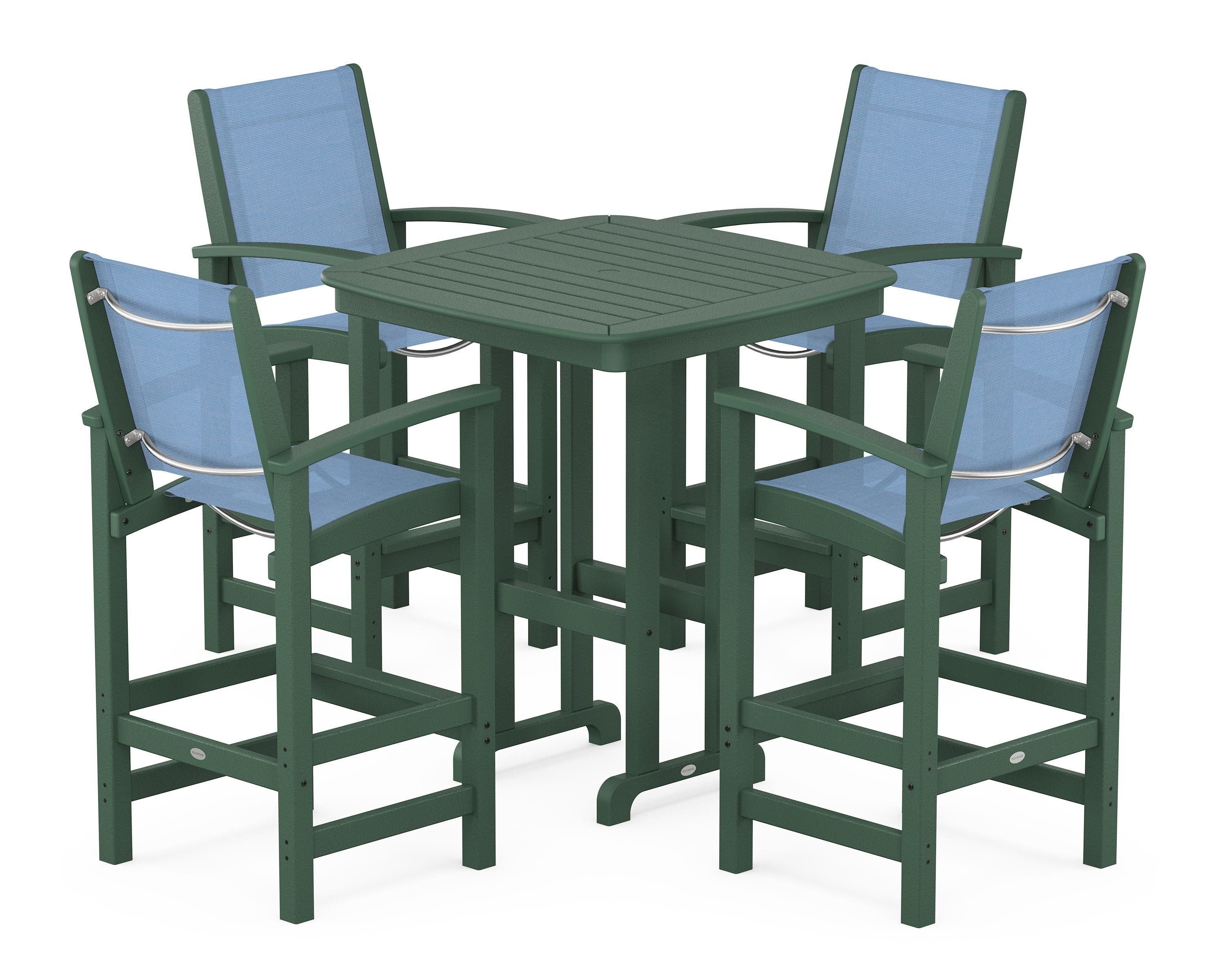 POLYWOOD Coastal 5-Piece Bar Set in Green / Poolside Sling
