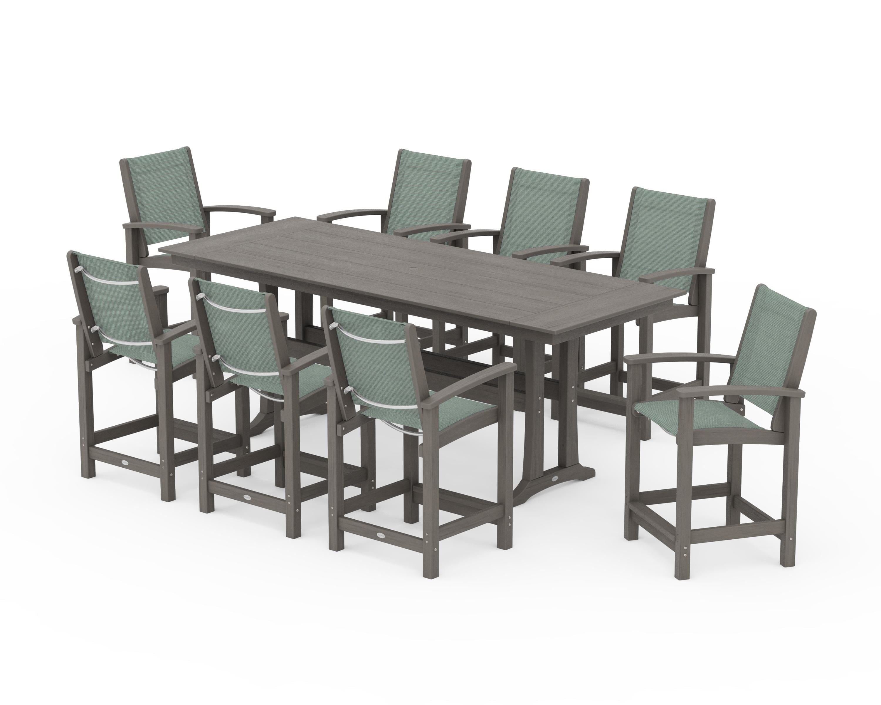 POLYWOOD Coastal 9-Piece Farmhouse Counter Set with Trestle Legs in Driftwood / Dupioni Sea Mist Sling