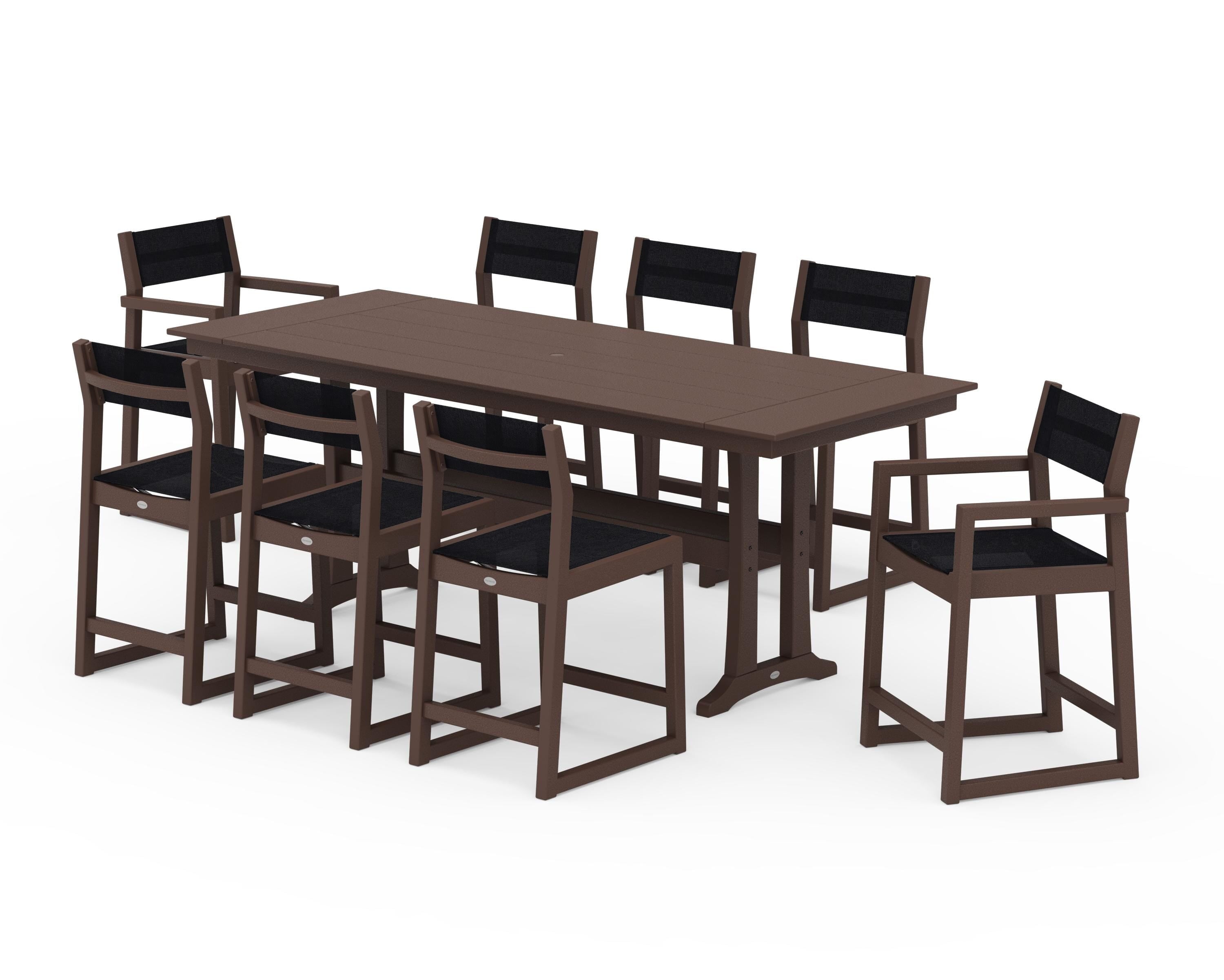 POLYWOOD EDGE Sling 9-Piece Farmhouse Counter Set with Trestle Legs in Mahogany / Black Sling