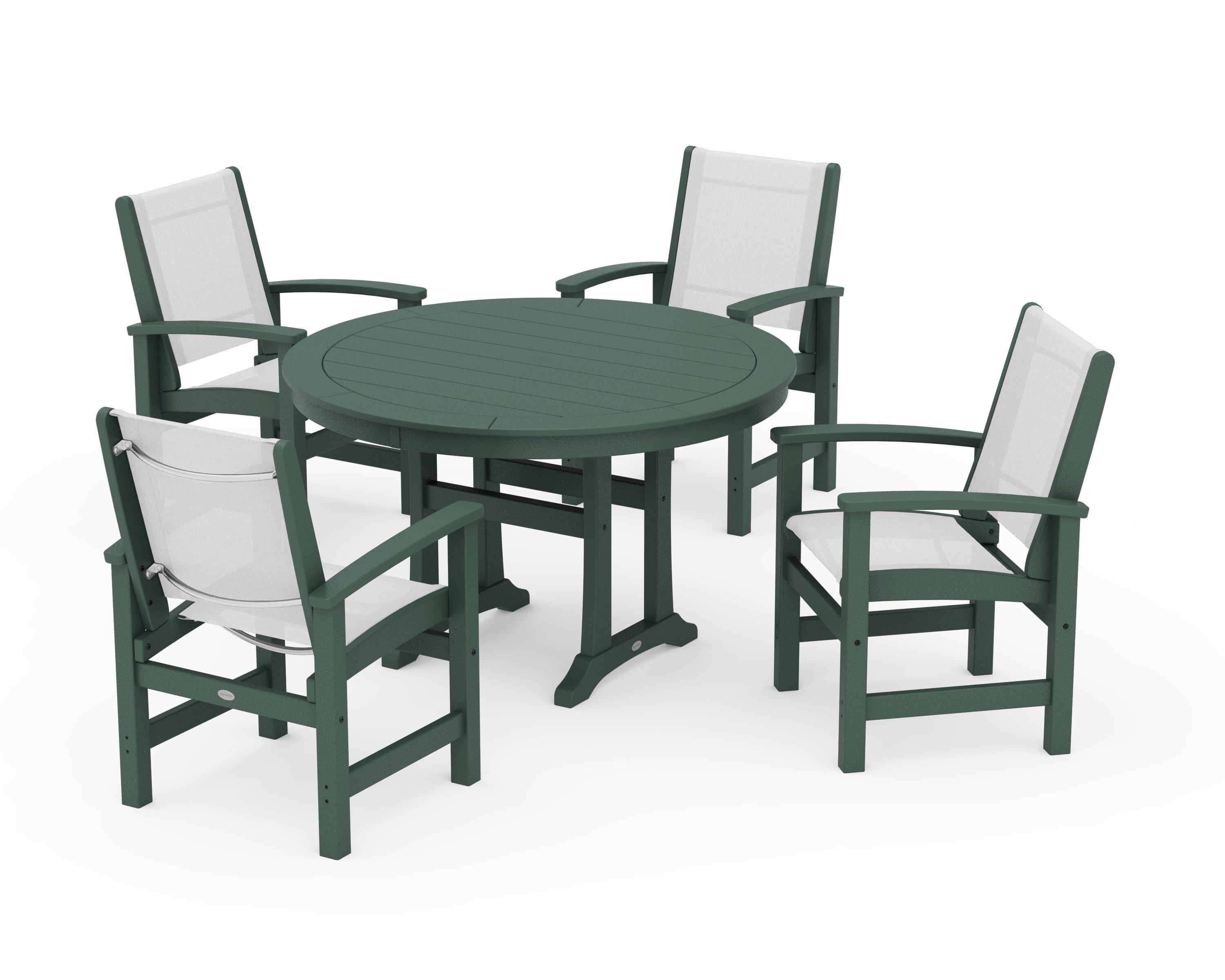 POLYWOOD Coastal 5-Piece Round Dining Set with Trestle Legs in Green / White Sling