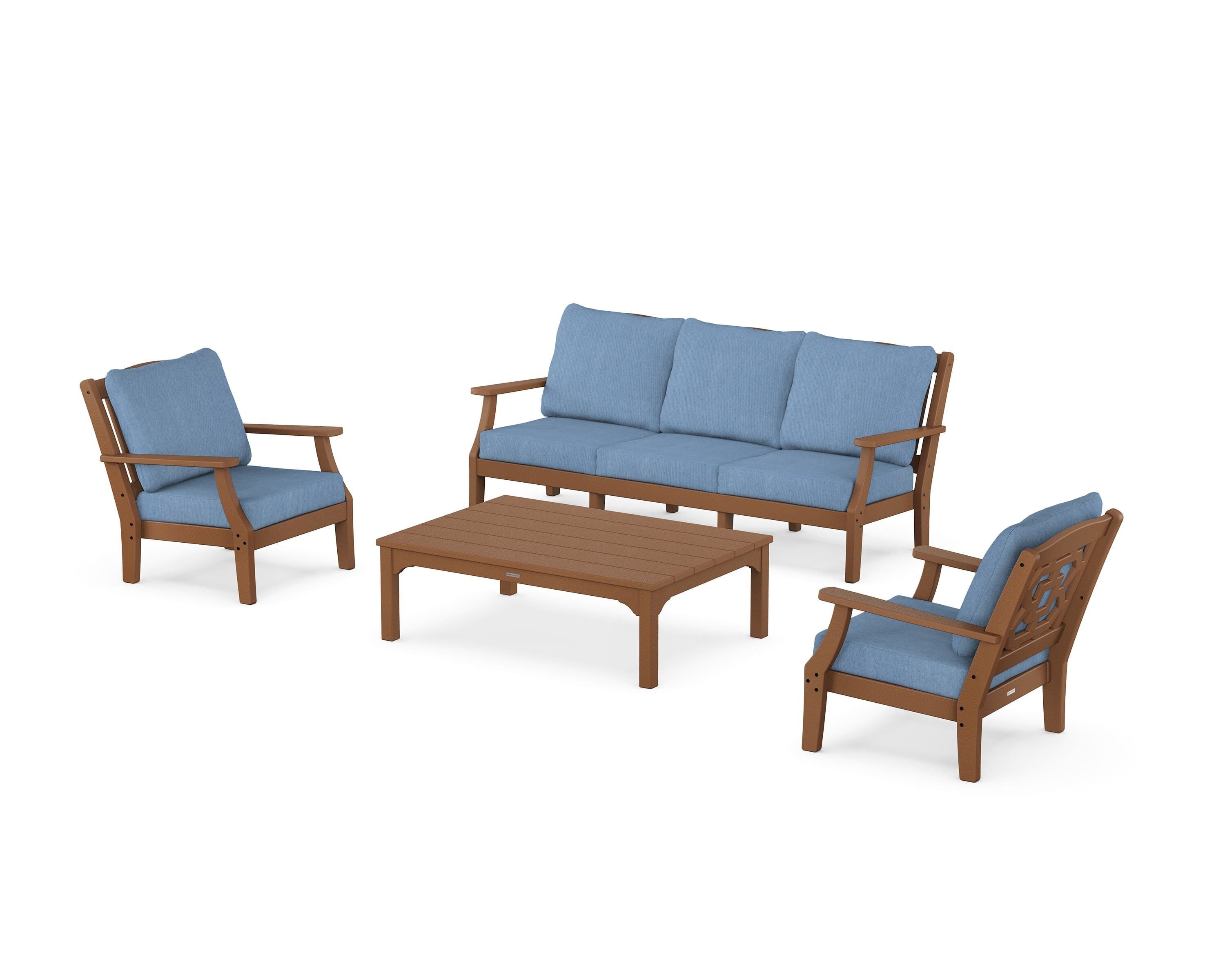Martha Stewart by POLYWOOD Chinoiserie 4-Piece Deep Seating Set with Sofa in Teak / Sky Blue