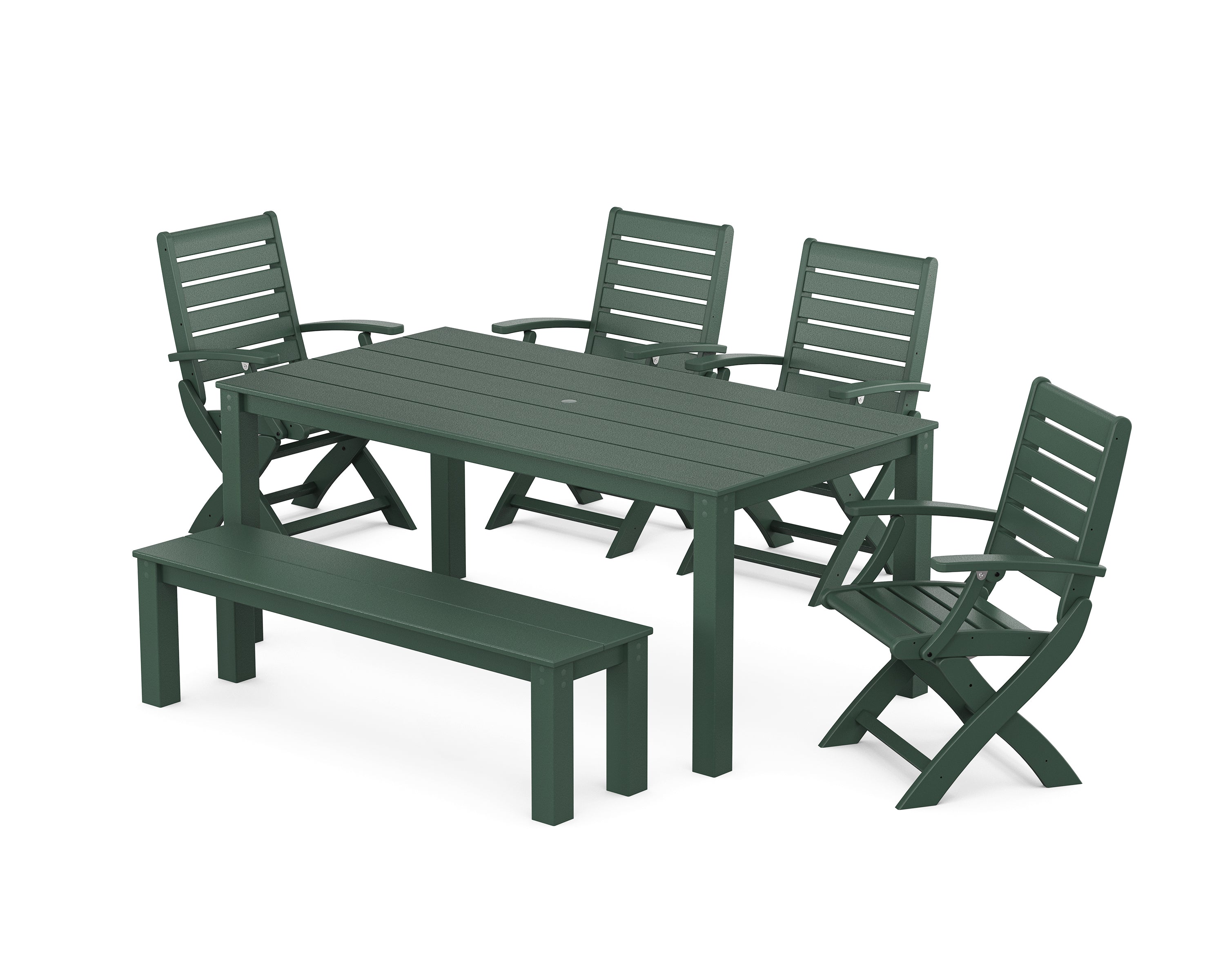 POLYWOOD Signature Folding Chair 6-Piece Parsons Dining Set with Bench in Green