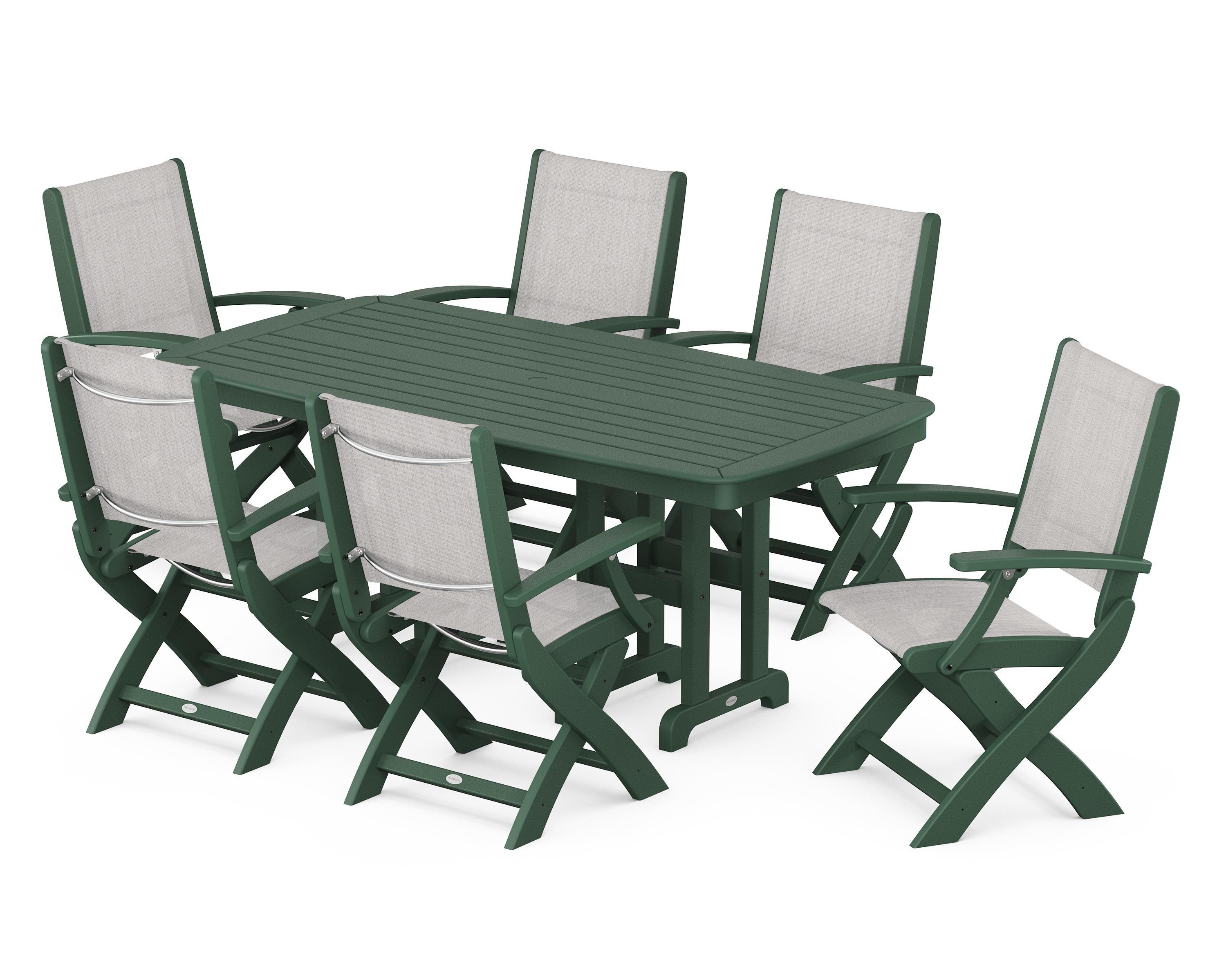 POLYWOOD Coastal Folding Arm Chair 7-Piece Dining Set in Green / Parchment Sling