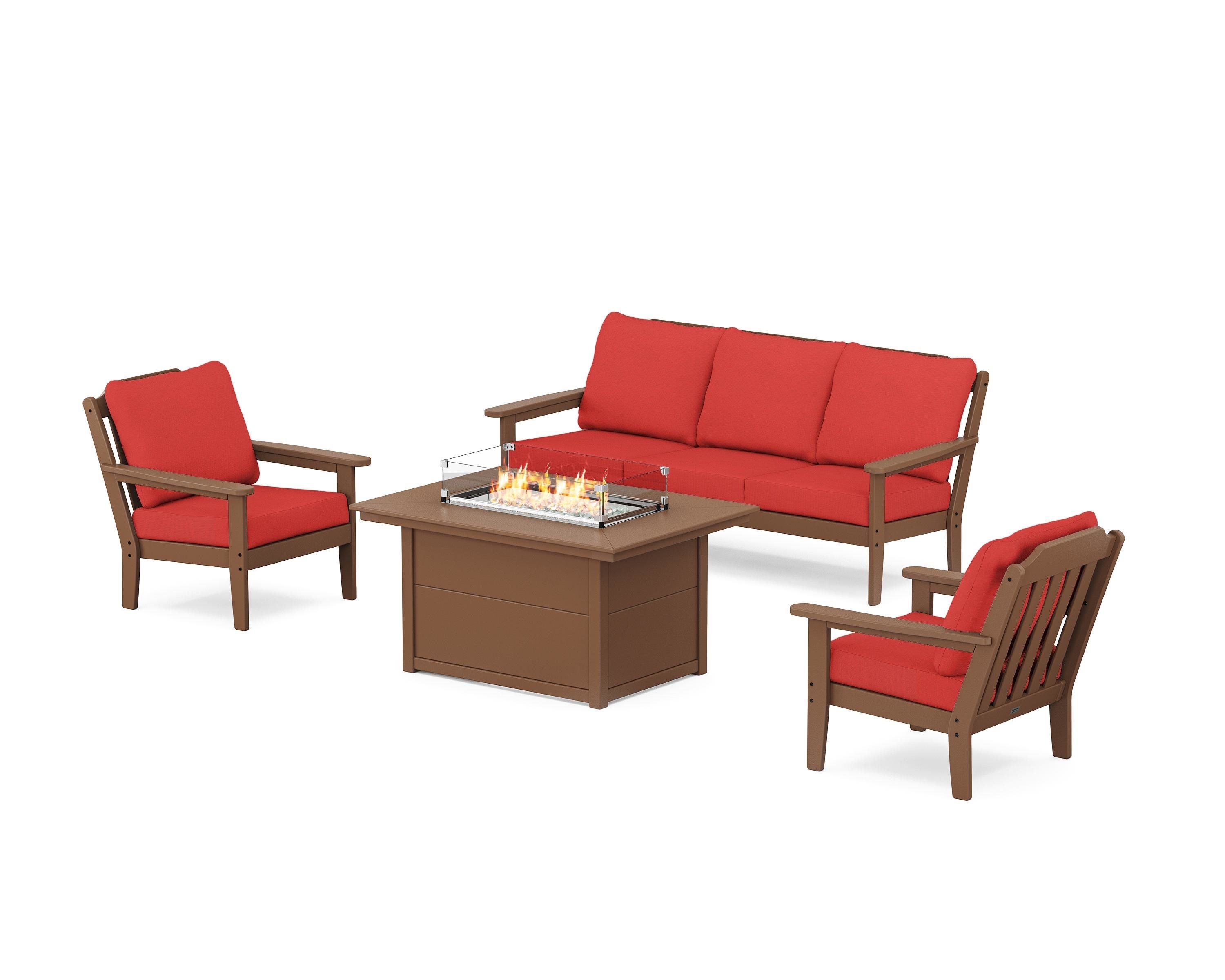 Country Living Cottage Deep Seating Fire Pit Table Set in Teak / Crimson Linen