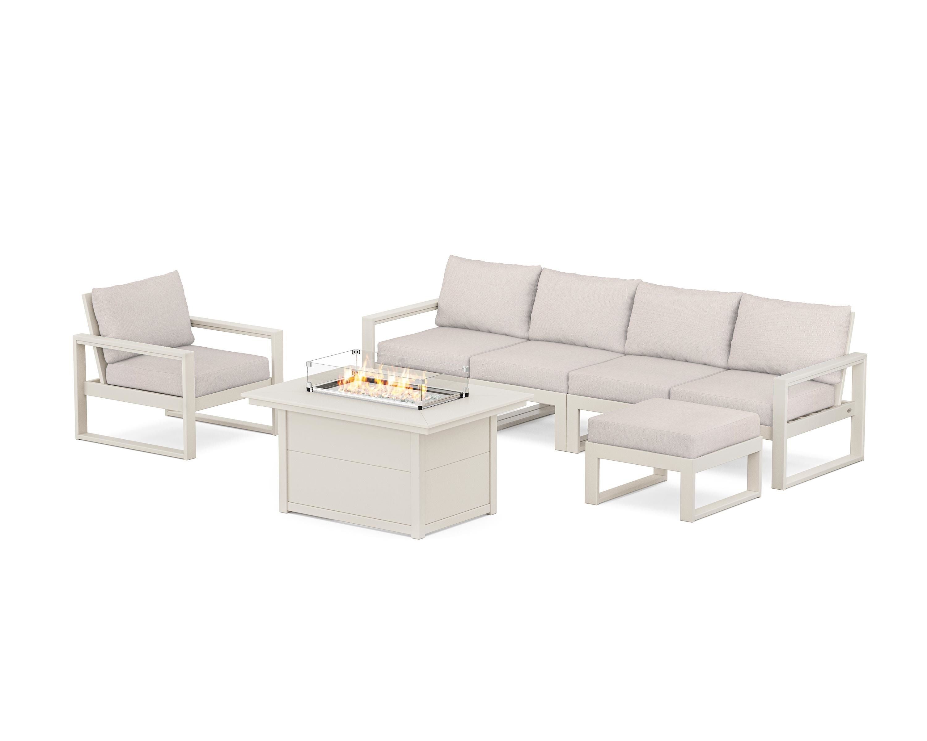 POLYWOOD EDGE Sectional Lounge and Fire Pit Set in Sand / Dune Burlap