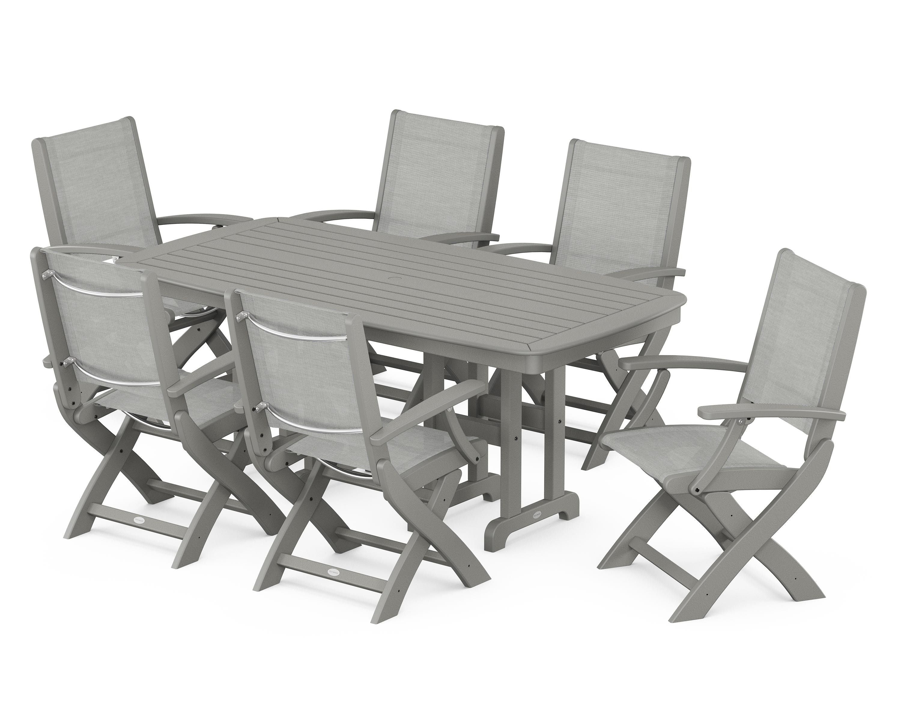 POLYWOOD Coastal Folding Arm Chair 7-Piece Dining Set in Slate Grey / Metallic Sling