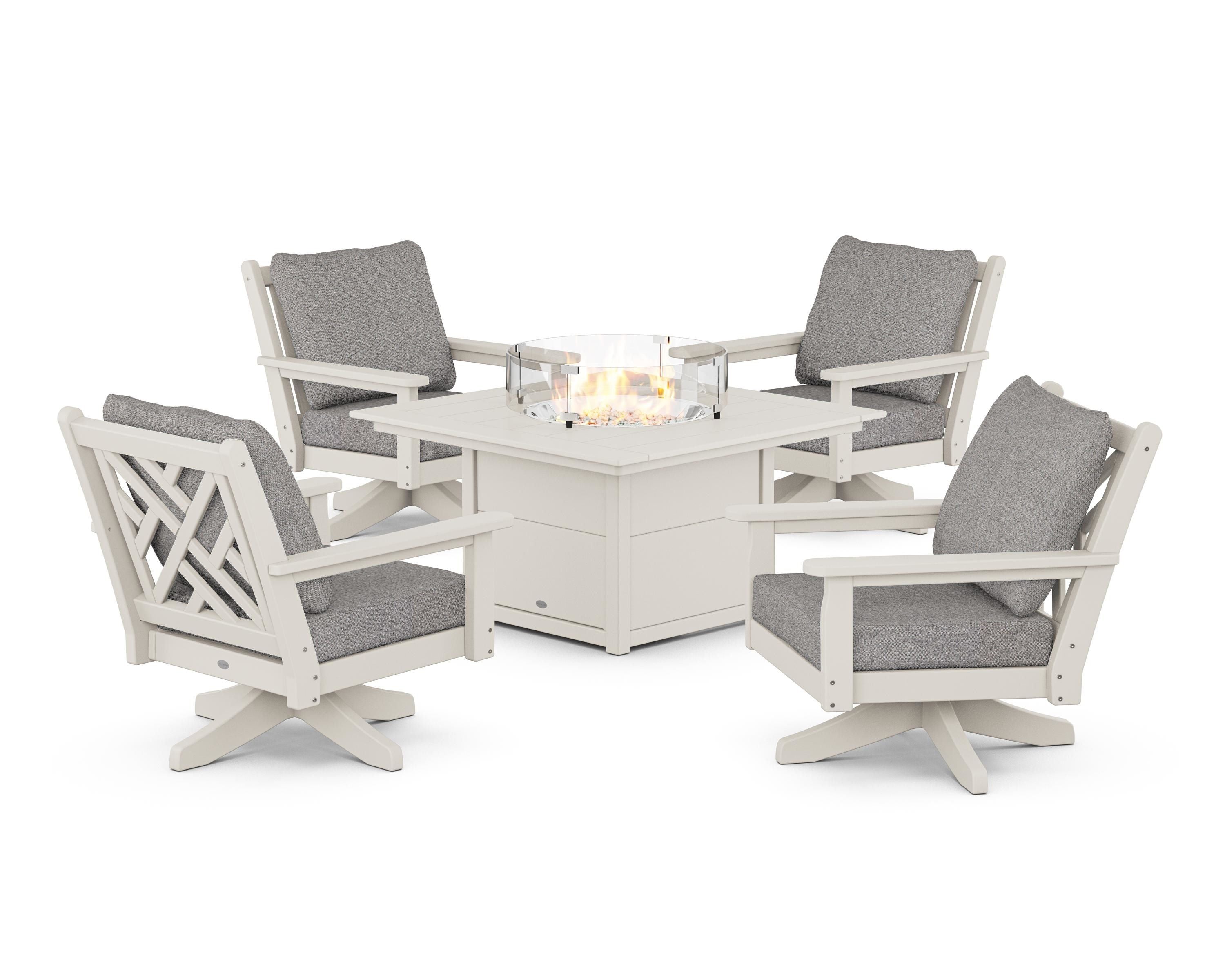 POLYWOOD Chippendale 5-Piece Deep Seating Swivel Conversation Set with Fire Pit Table in Sand / Grey Mist