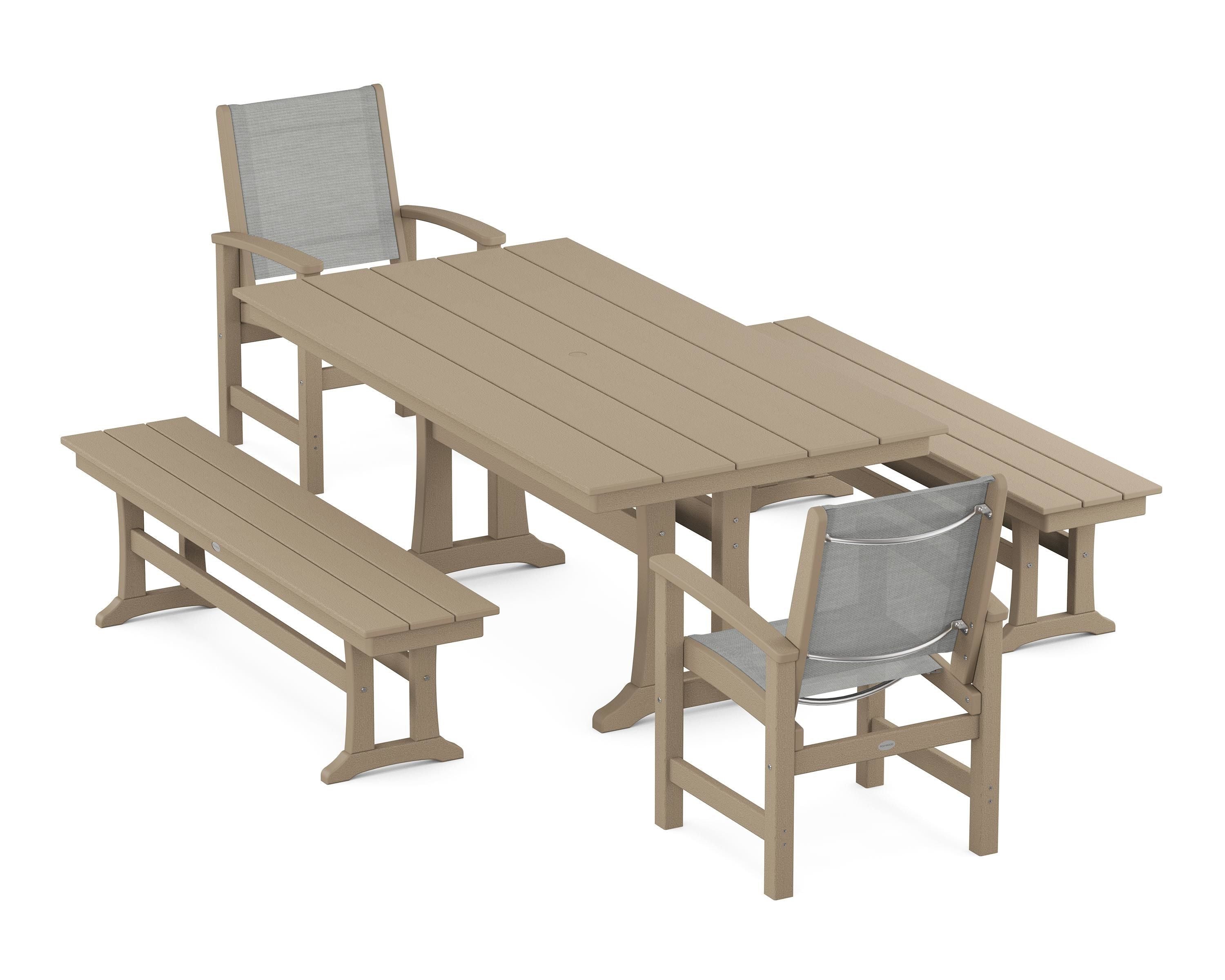 POLYWOOD Coastal 5-Piece Farmhouse Dining Set with Trestle Legs and Benches in Vintage Sahara / Metallic Sling