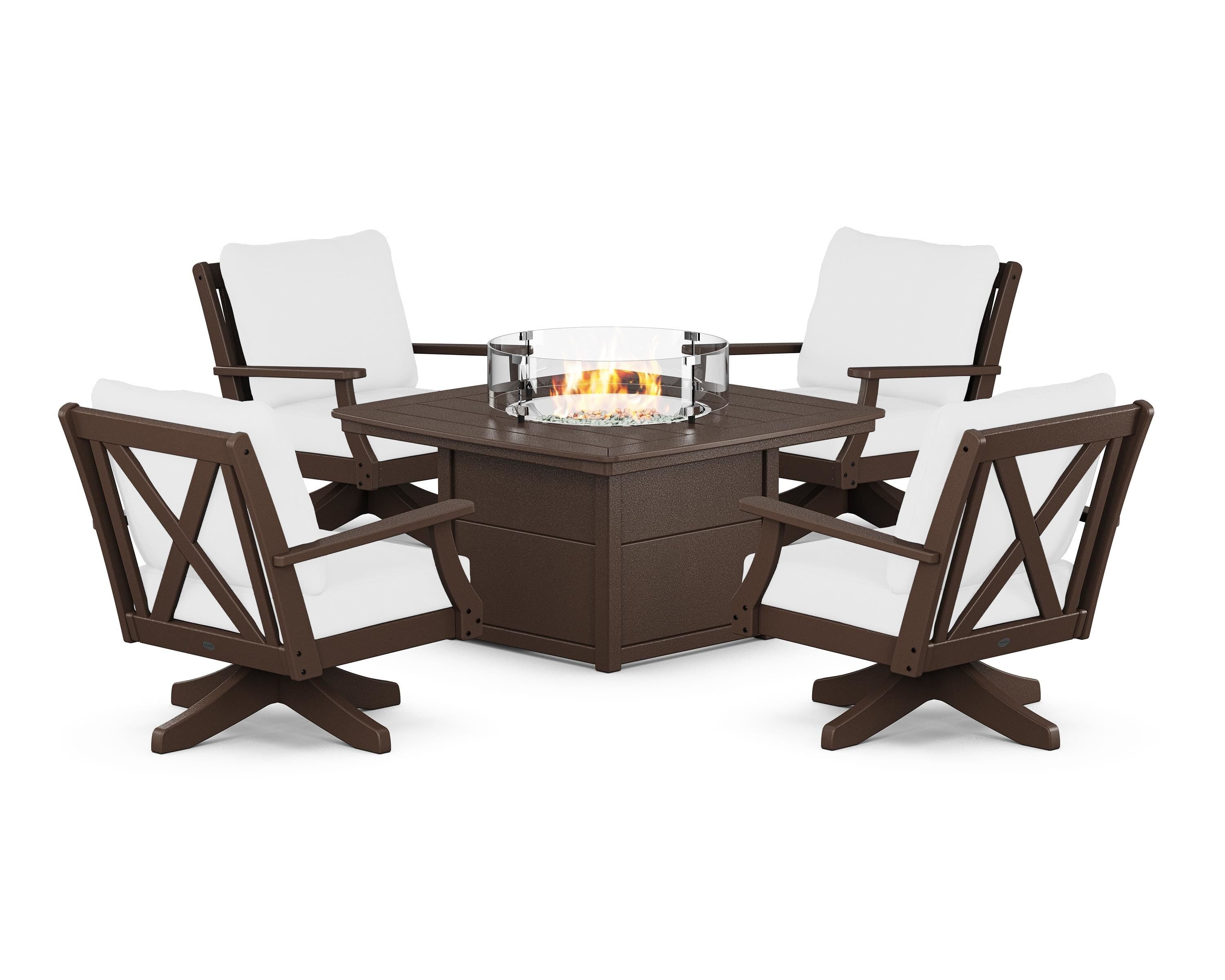 POLYWOOD Braxton 5-Piece Deep Seating Swivel Conversation Set with Fire Pit Table in Mahogany / Natural