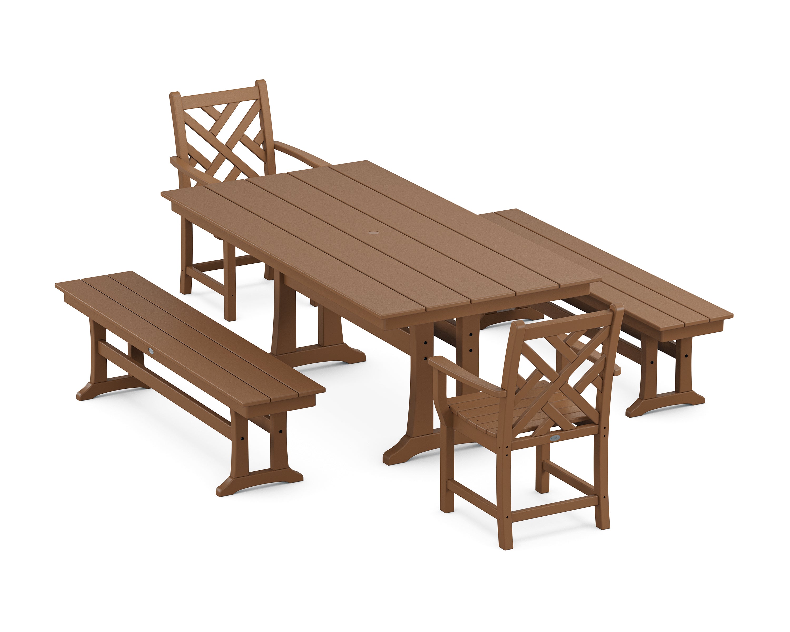 POLYWOOD Chippendale 5-Piece Farmhouse Dining Set With Trestle Legs in Teak