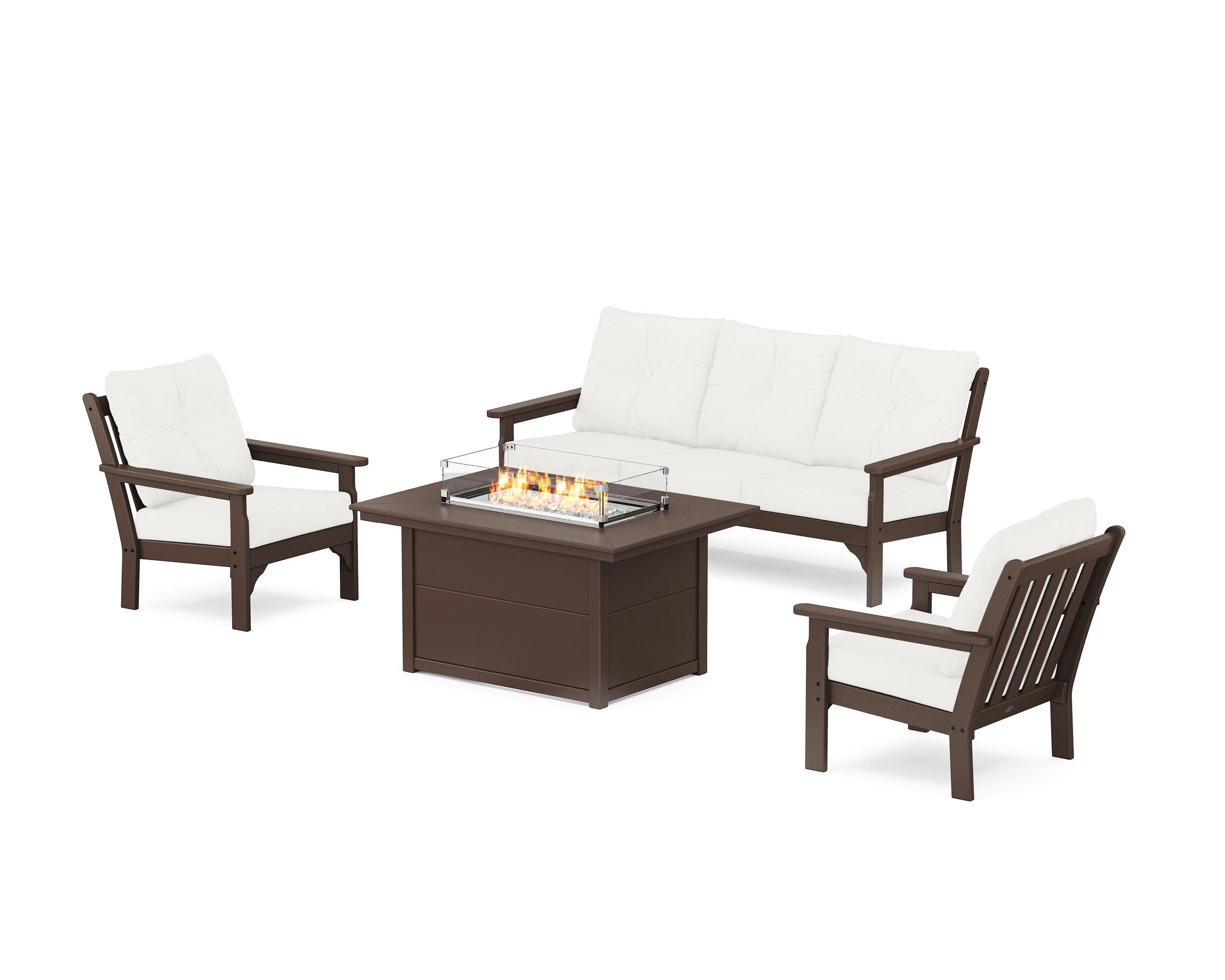 POLYWOOD Vineyard Deep Seating Fire Pit Table Set in Mahogany / Natural Linen