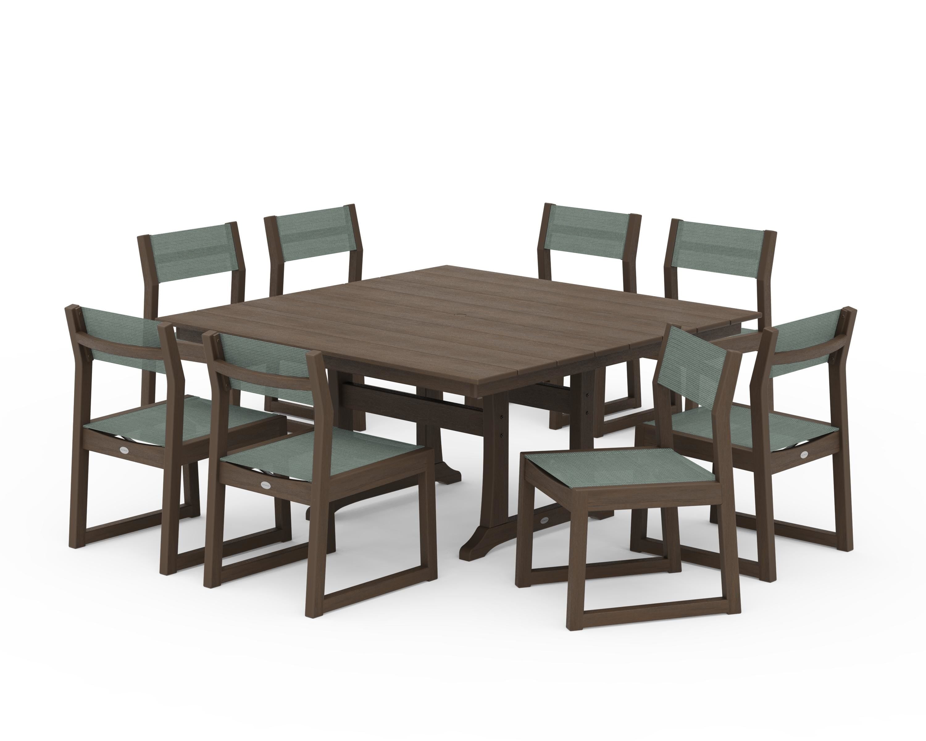 POLYWOOD EDGE Sling Side Chair 9-Piece Farmhouse Trestle Dining Set in Kona / Dupioni Sea Mist Sling