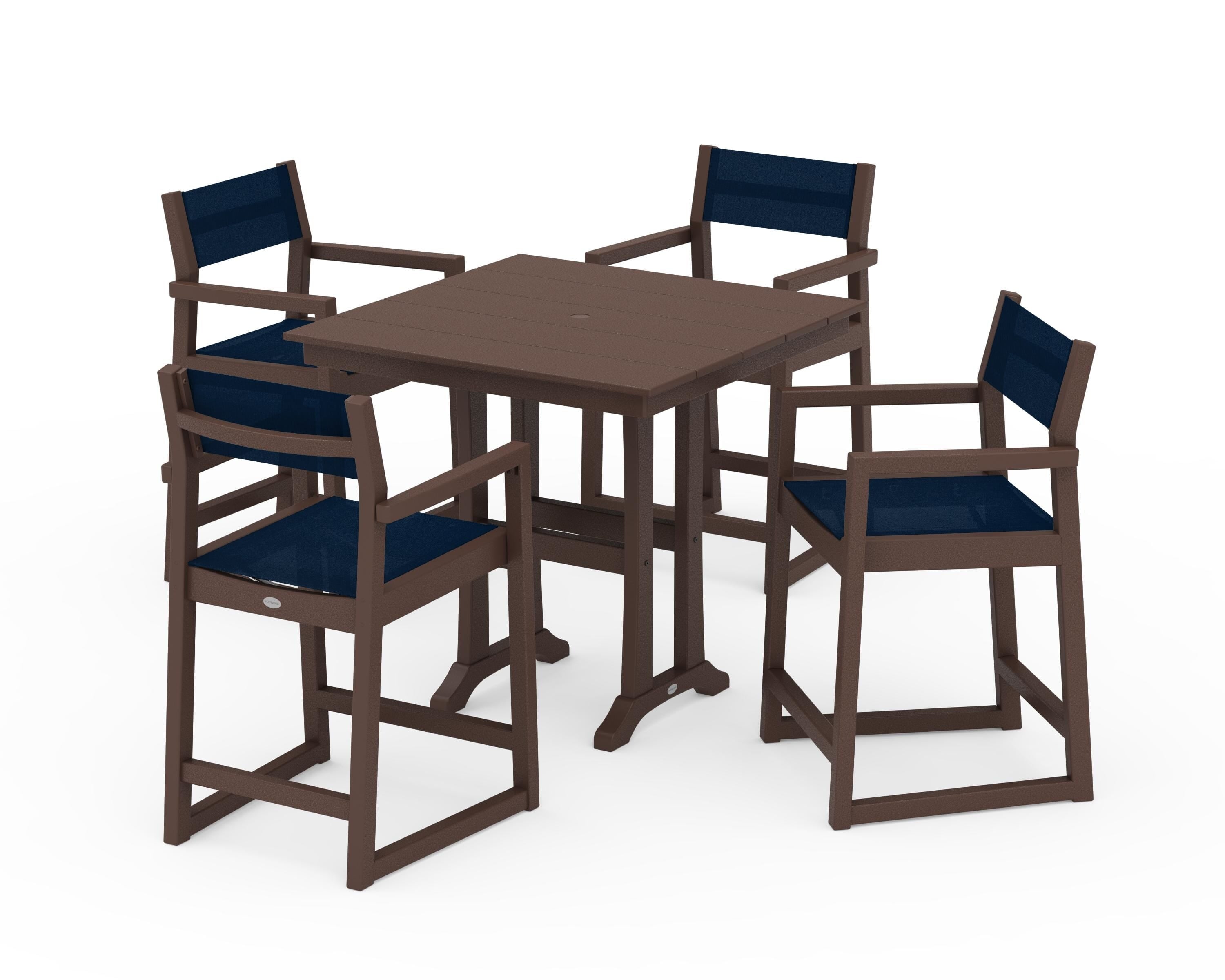 POLYWOOD EDGE Sling Arm Chair 5-Piece Farmhouse Counter Set with Trestle Legs in Mahogany / Navy Blue Sling