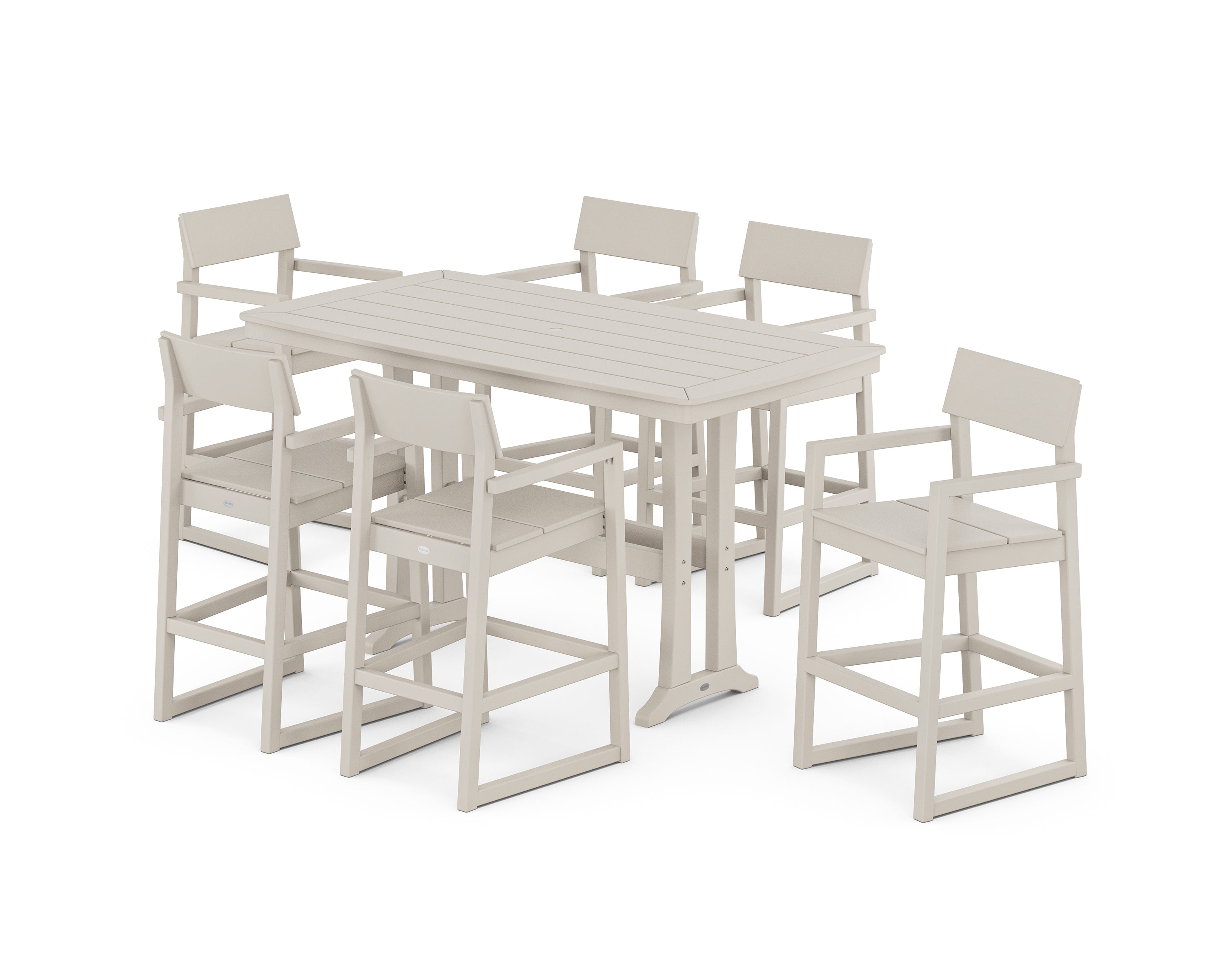 POLYWOOD EDGE Arm Chair 7-Piece Bar Set with Trestle Legs in Sand