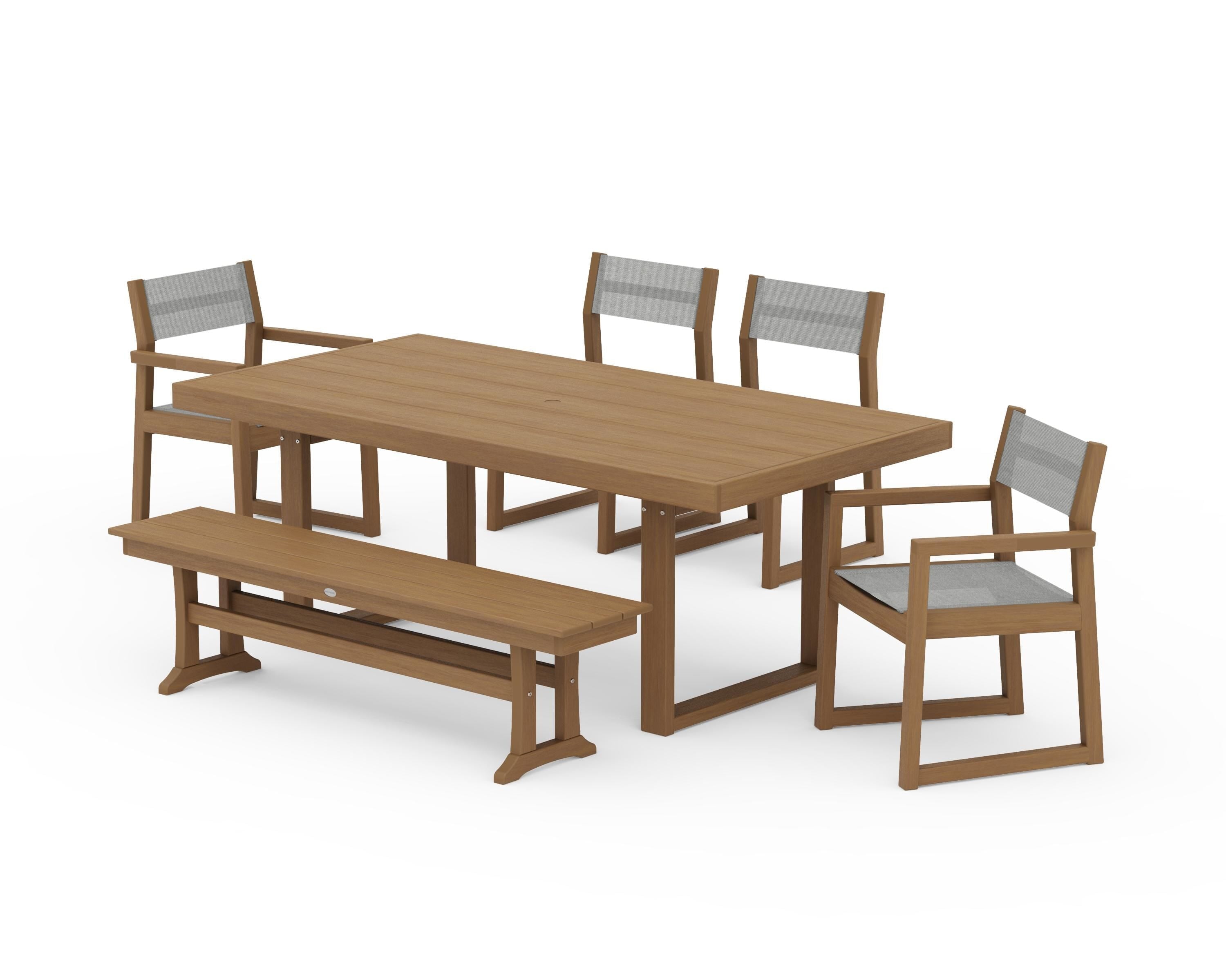 POLYWOOD EDGE Sling 6-Piece Dining Set with Bench in Natural / Metallic Sling