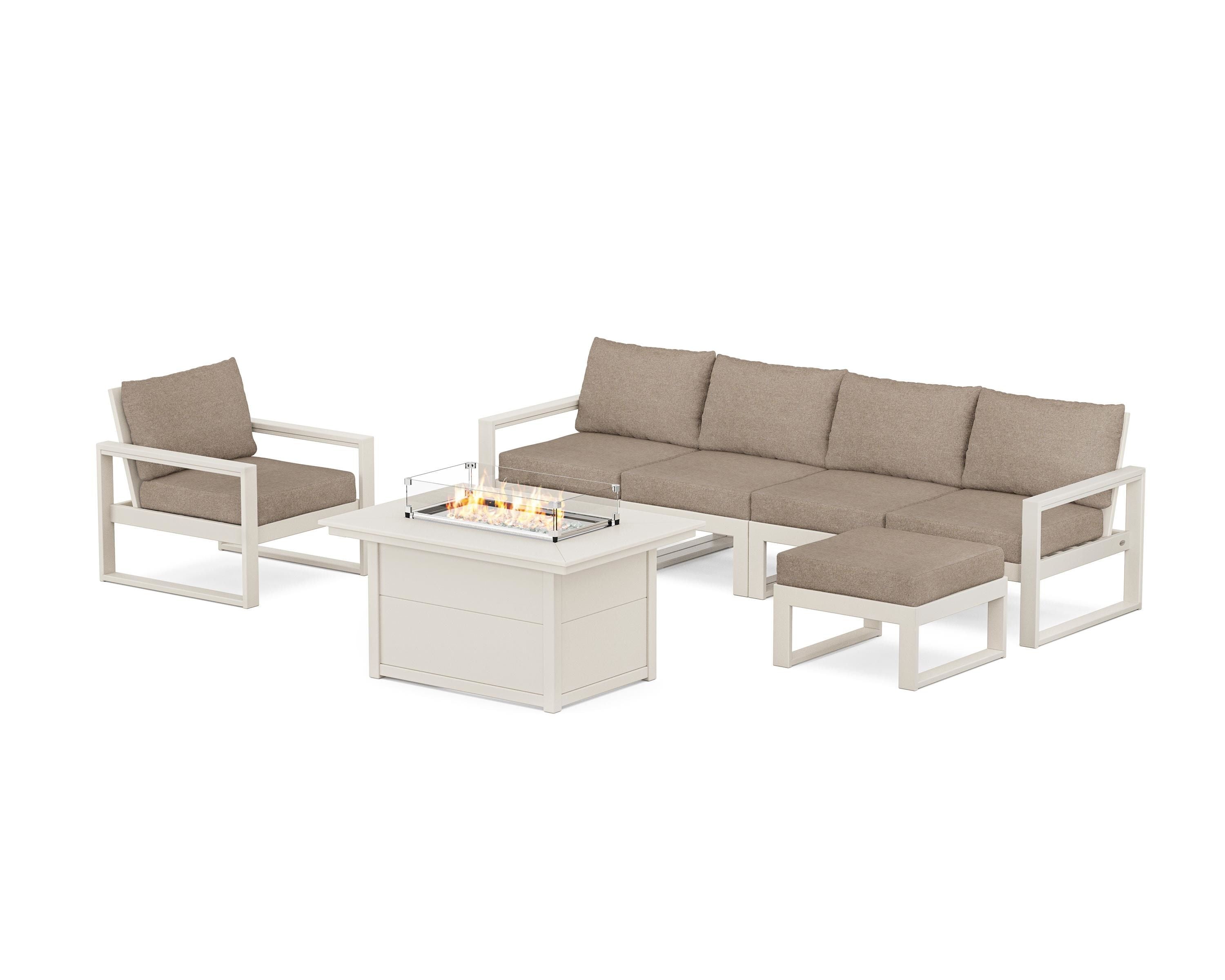 POLYWOOD EDGE Sectional Lounge and Fire Pit Set in Sand / Spiced Burlap