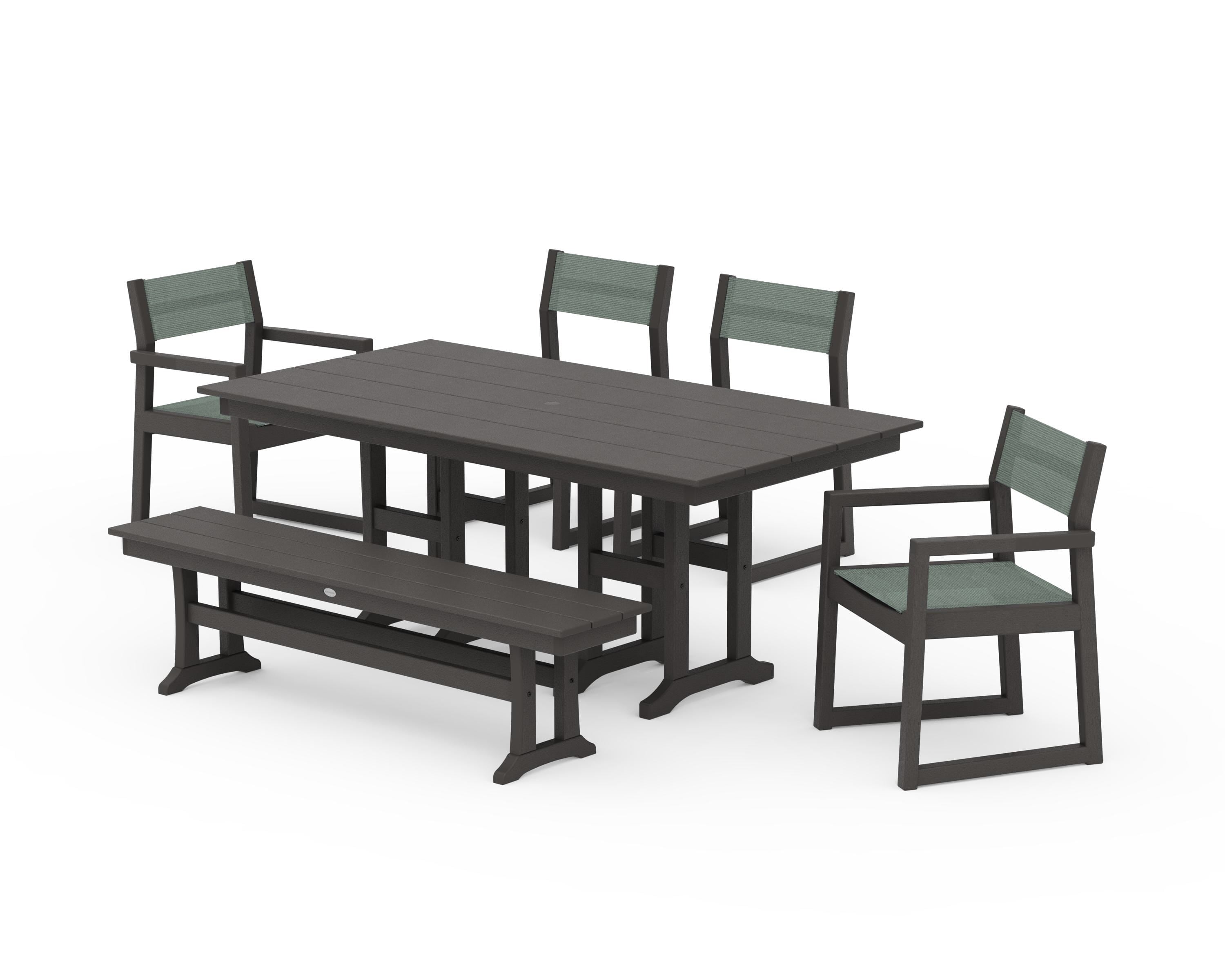 POLYWOOD EDGE Sling 6-Piece Farmhouse Dining Set in Vintage Coffee / Dupioni Sea Mist Sling