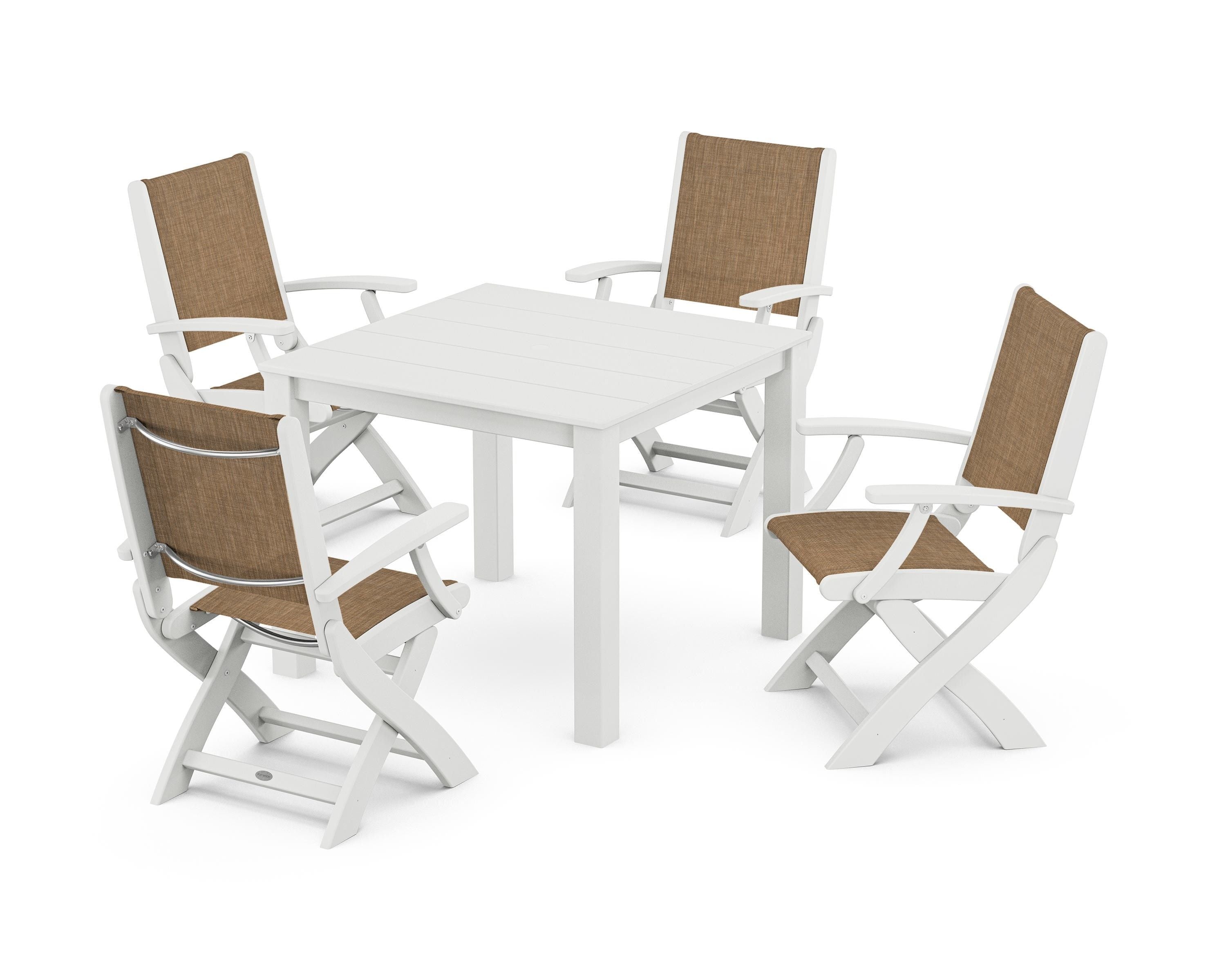 POLYWOOD Coastal Folding Chair 5-Piece Parsons Dining Set in White / Burlap Sling