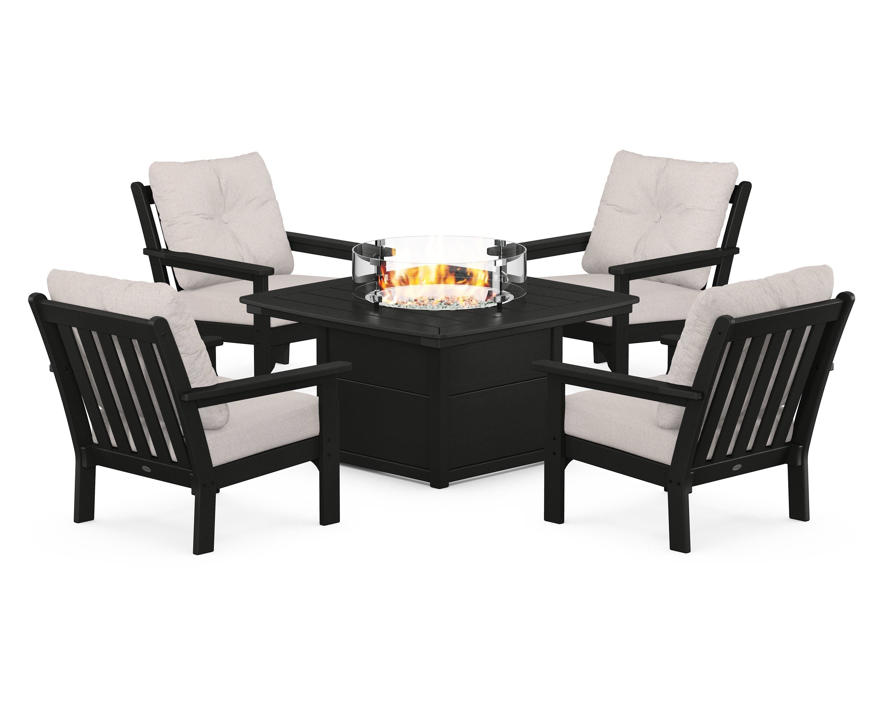 POLYWOOD Vineyard 5-Piece Conversation Set with Fire Pit Table in Black / Dune Burlap