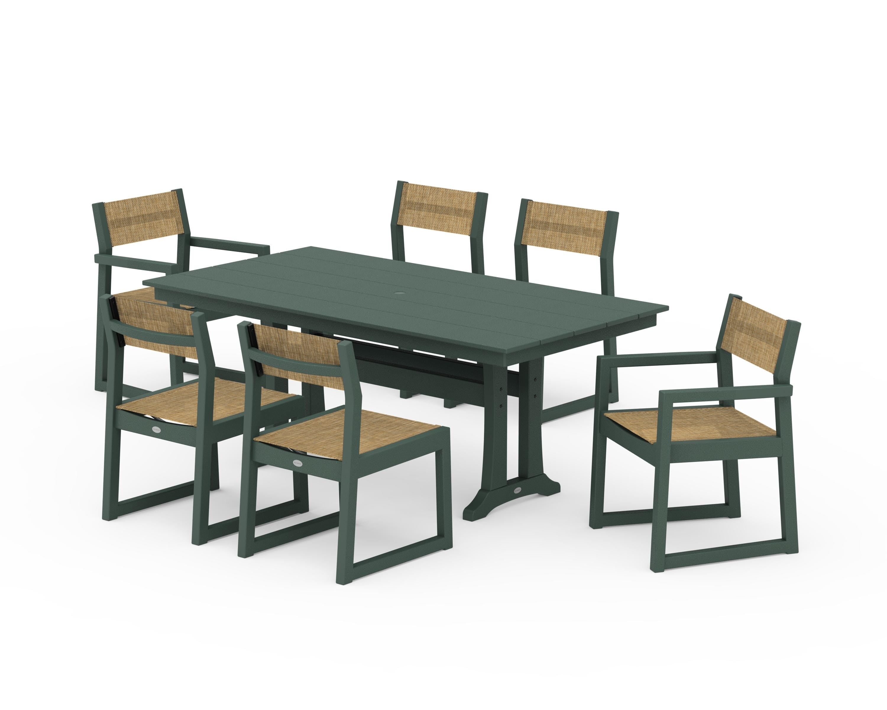 POLYWOOD EDGE Sling 7-Piece Farmhouse Trestle Dining Set in Green / Burlap Sling